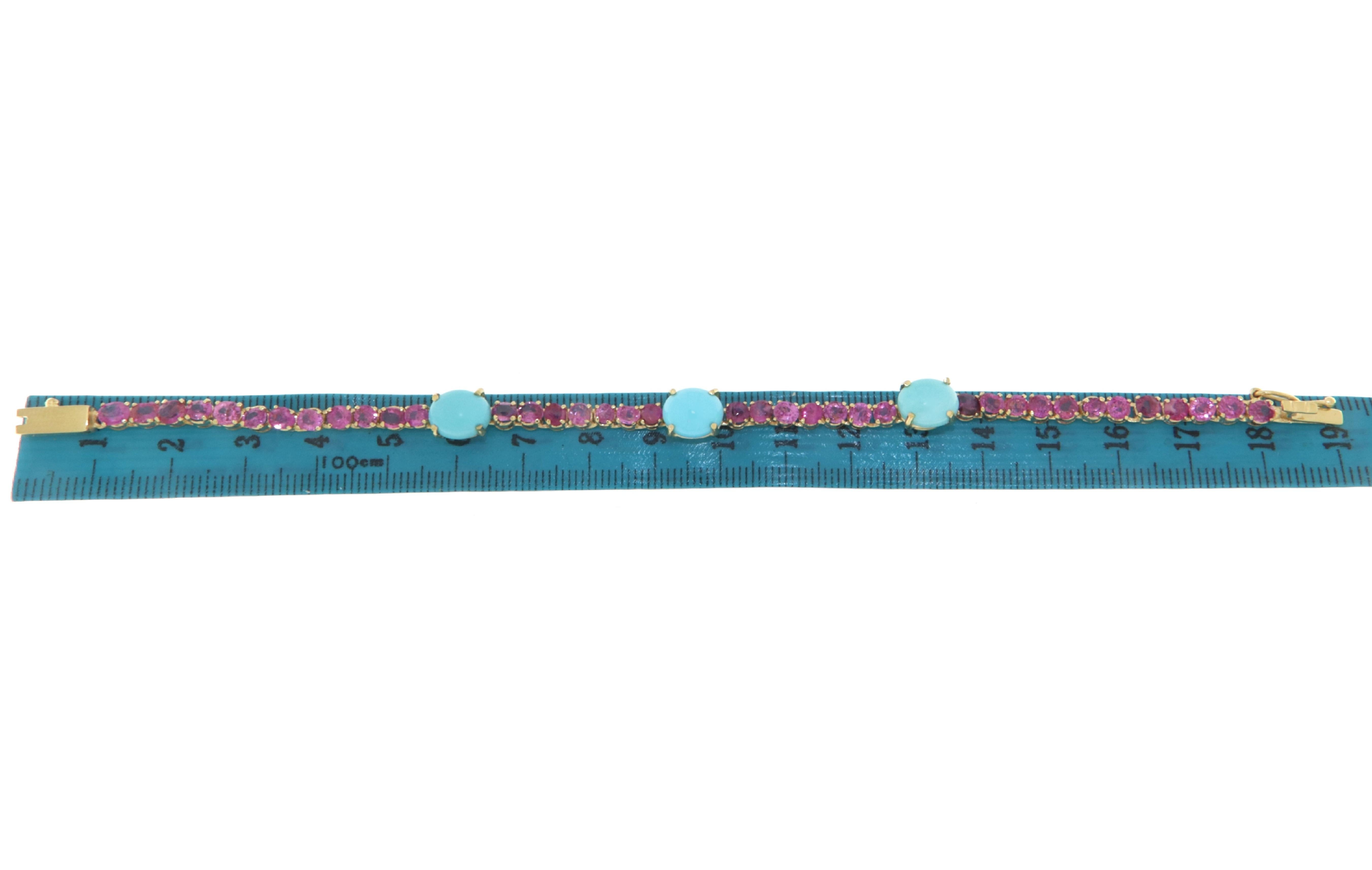 Women's Turquoise Pink Sapphires 18 Karat Yellow Gold Cuff Bracelet For Sale