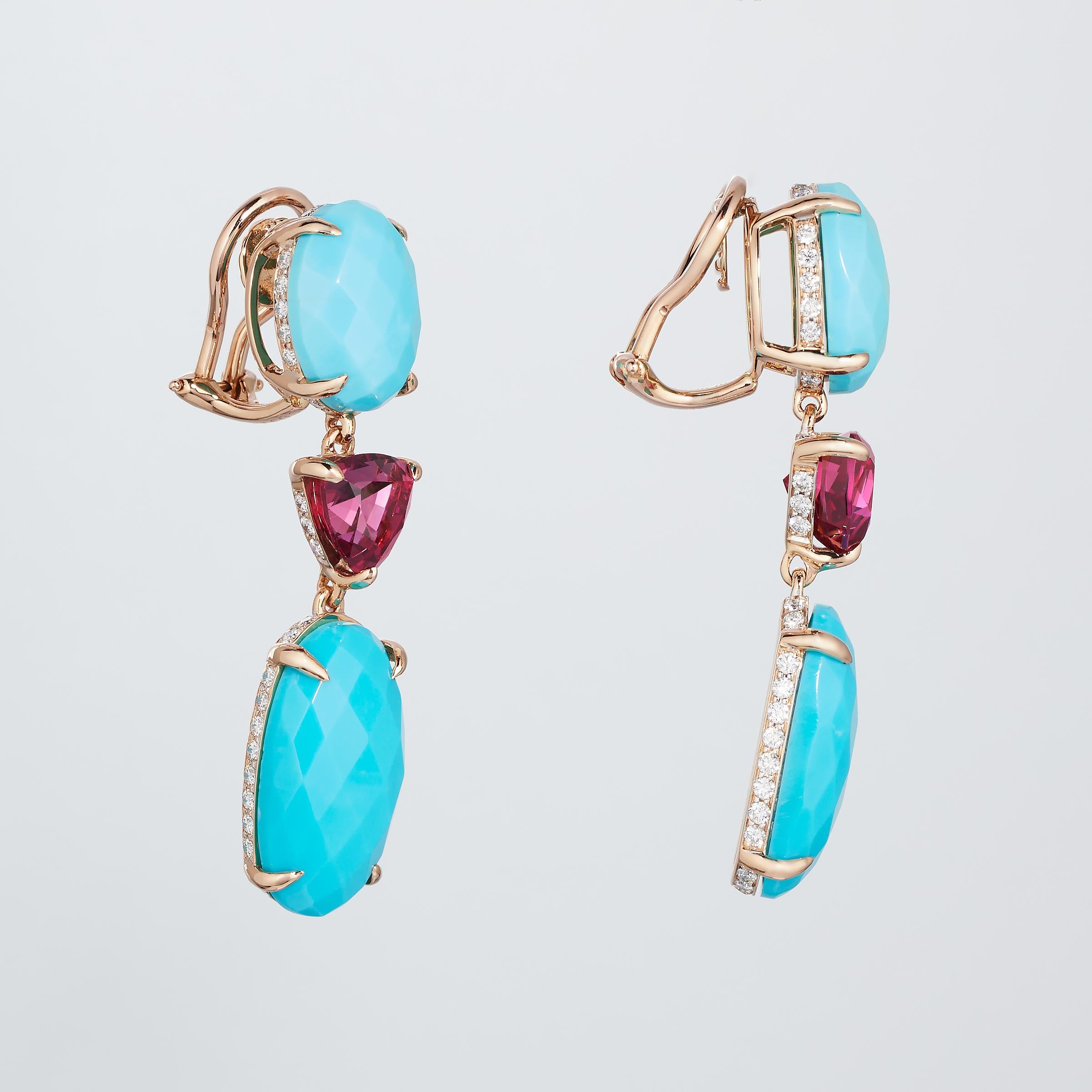 Fabulously stylish turquoise, pink tourmaline, and diamond dangle earrings from Paolo Costagli New York. Each earring features two oval turquoises of highest grade that exhibit a captivating intense sky-blue color. The turquoises are faceted in an