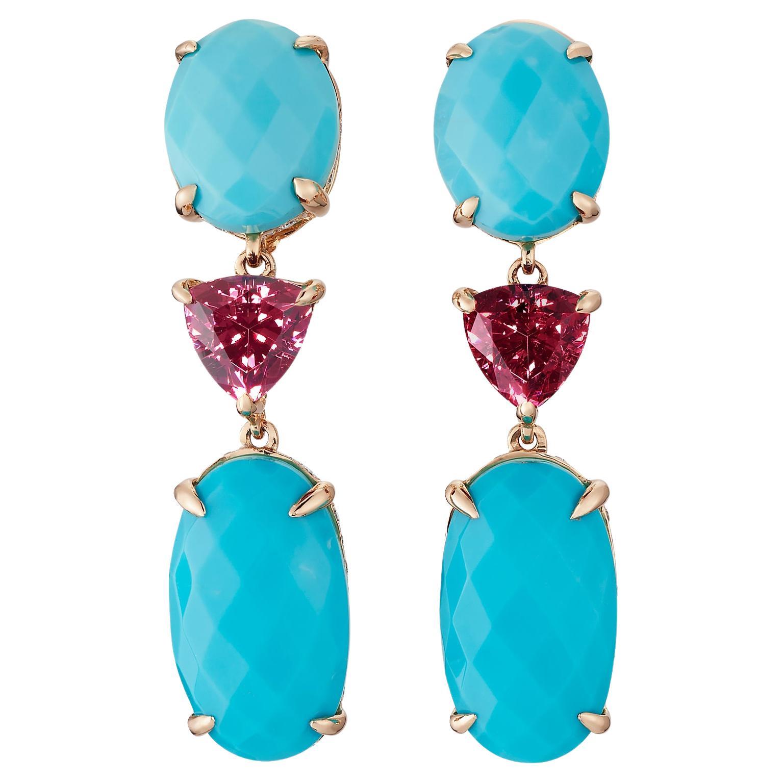 Turquoise Pink Tourmaline Diamond Paolo Costagli Earrings in 18K Yellow Gold  For Sale