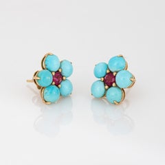 Turquoise Pink Tourmaline Flower Earrings 18k Yellow Gold Fine Jewelry