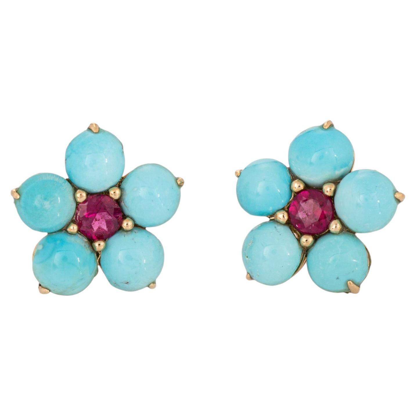Pendientes Flor Turquesa Turmalina Rosa Oro Amarillo 18k Alta Joyería