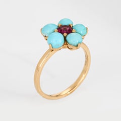 Turquoise Pink Tourmaline Flower Ring Sz 6.5 18k Yellow Gold Fine Jewelry
