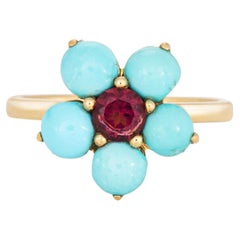 Turquoise Pink Tourmaline Flower Ring Sz 6.5 18k Yellow Gold Fine Jewelry