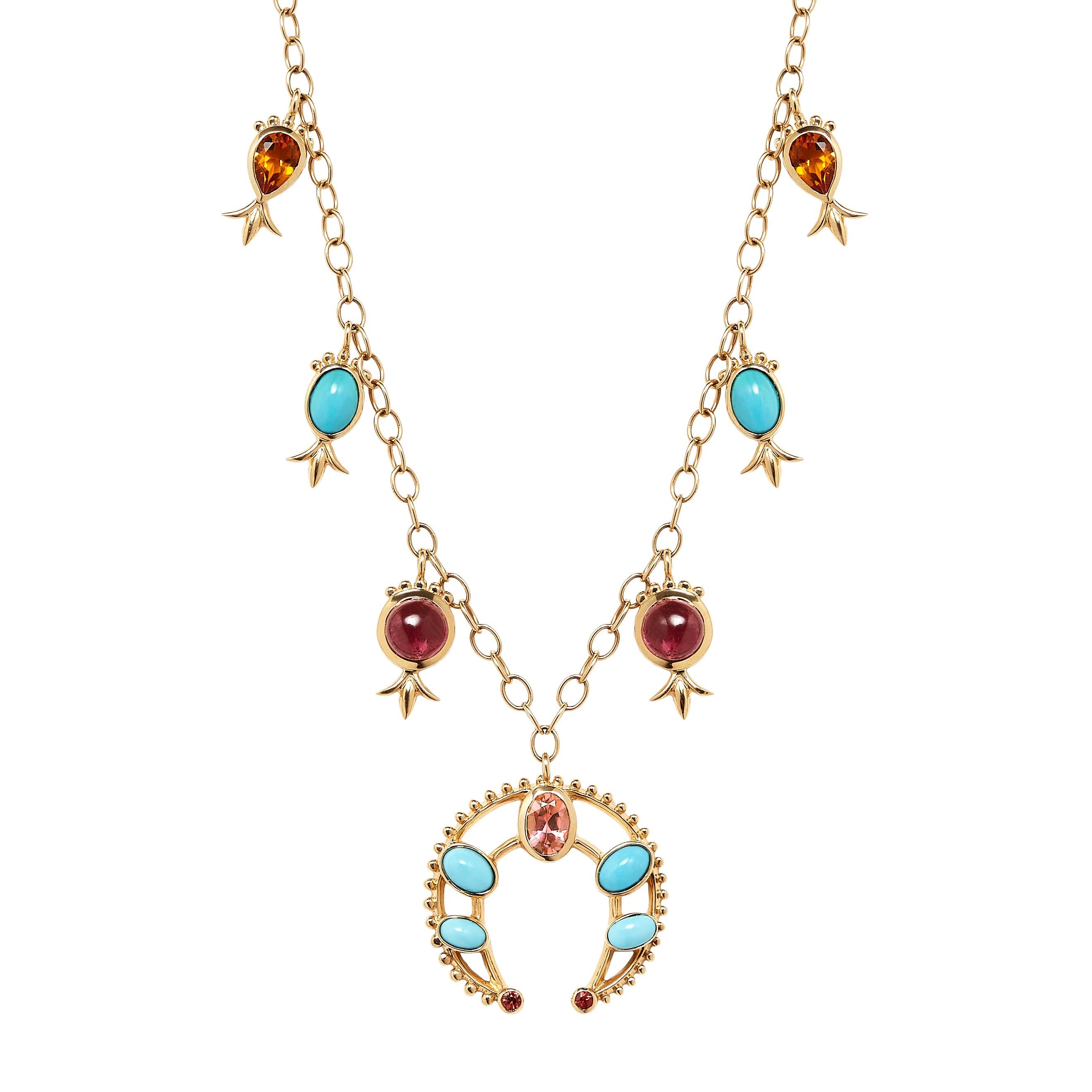 This Marlo Laz 14 Karat yellow gold turquoise, pink tourmaline, orange sapphire and orange citrin squash blossom necklace is inspired by the southwest and an ode to Native American Navajo jewelry. Our iconic pink-orange Marlo Laz color palette goes
