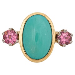 Turquoise Pink Tourmaline Ring Vintage 18k Yellow Gold Sz 7 Fine Jewelry 