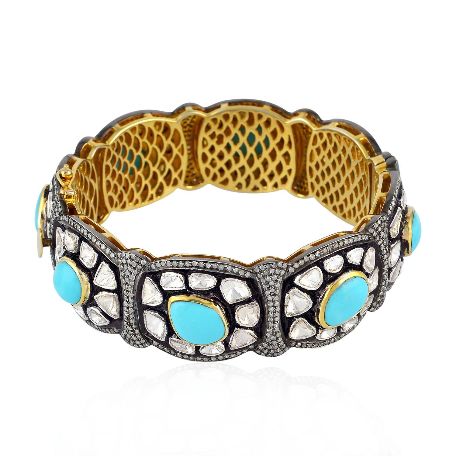 Art Nouveau Turquoise & Polki Diamond Carved Bracelet Made in 18k Gold & Silver For Sale