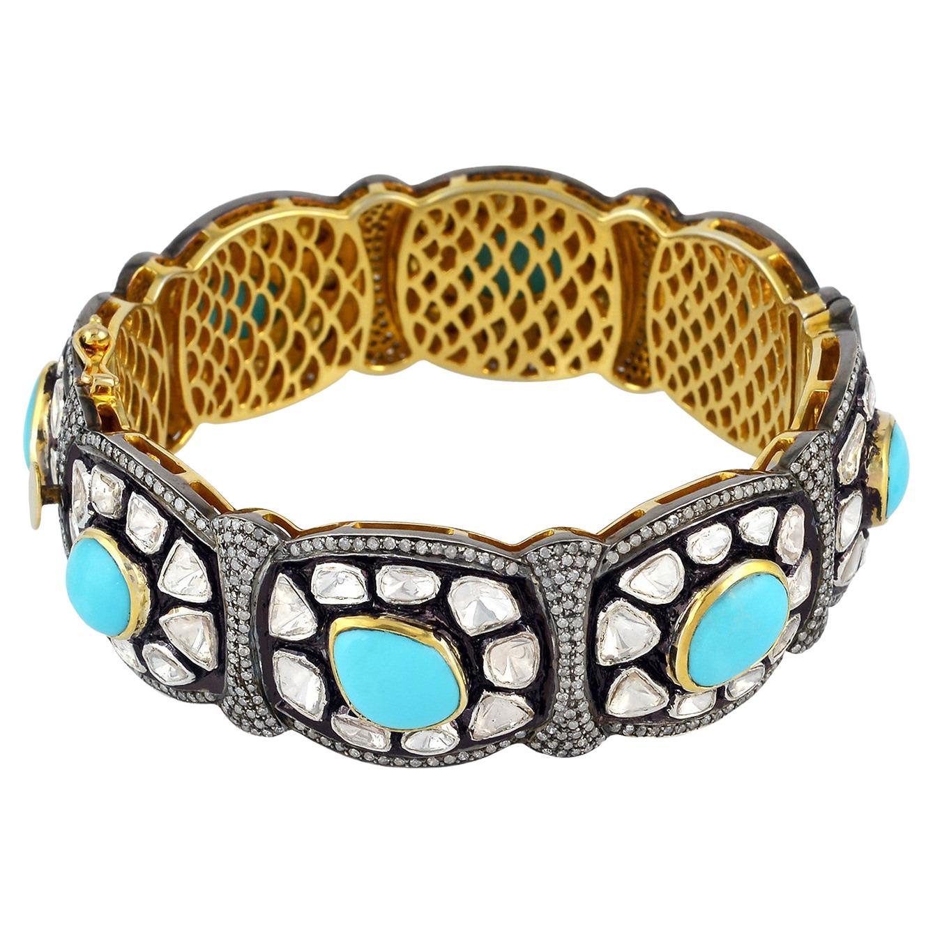 Turquoise & Polki Diamond Carved Bracelet Made in 18k Gold & Silver For Sale