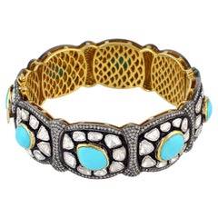Turquoise & Polki Diamond Carved Bracelet Made in 18k Gold & Silver