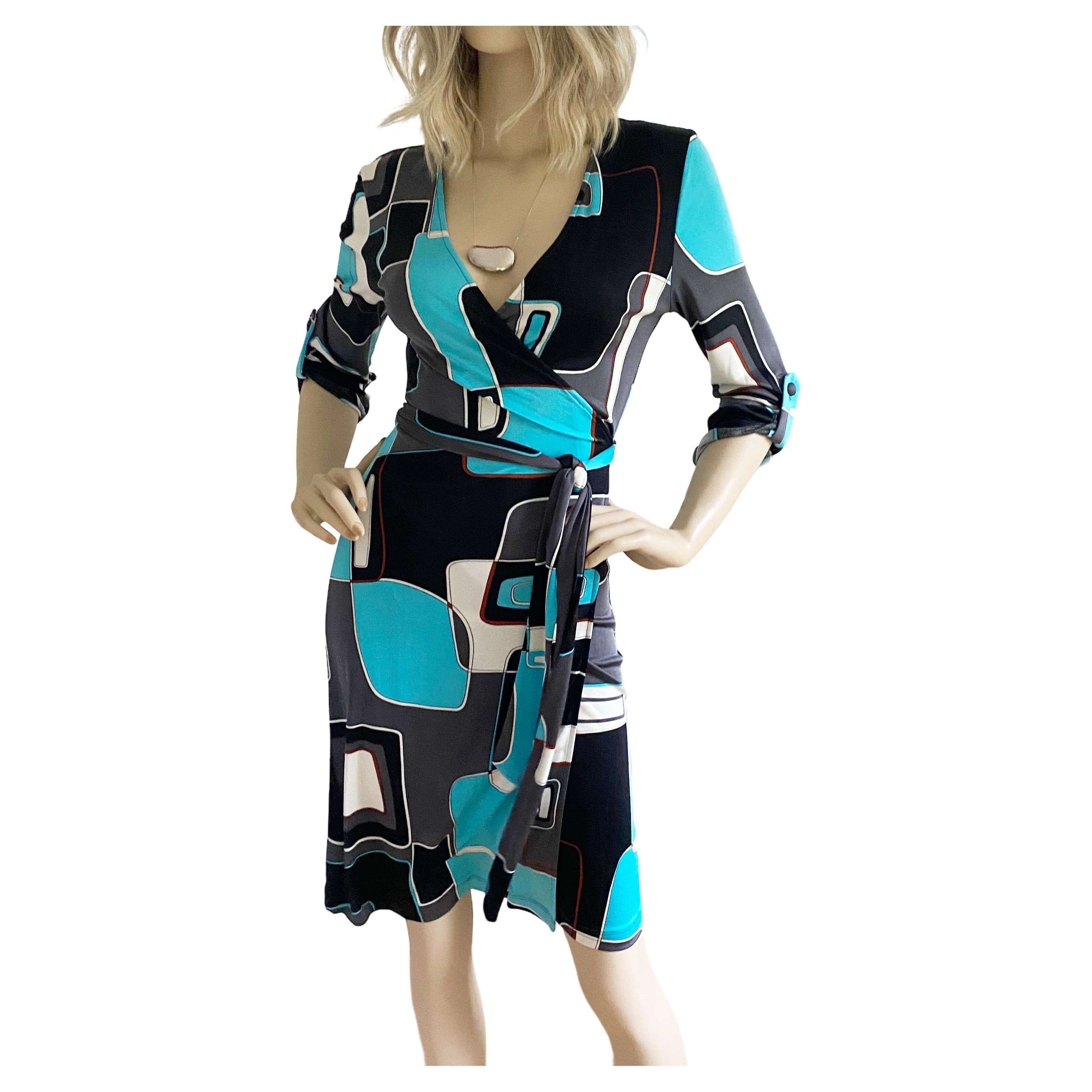 Turquoise Print Silk Wrap Dress- Flora Kung NWT For Sale