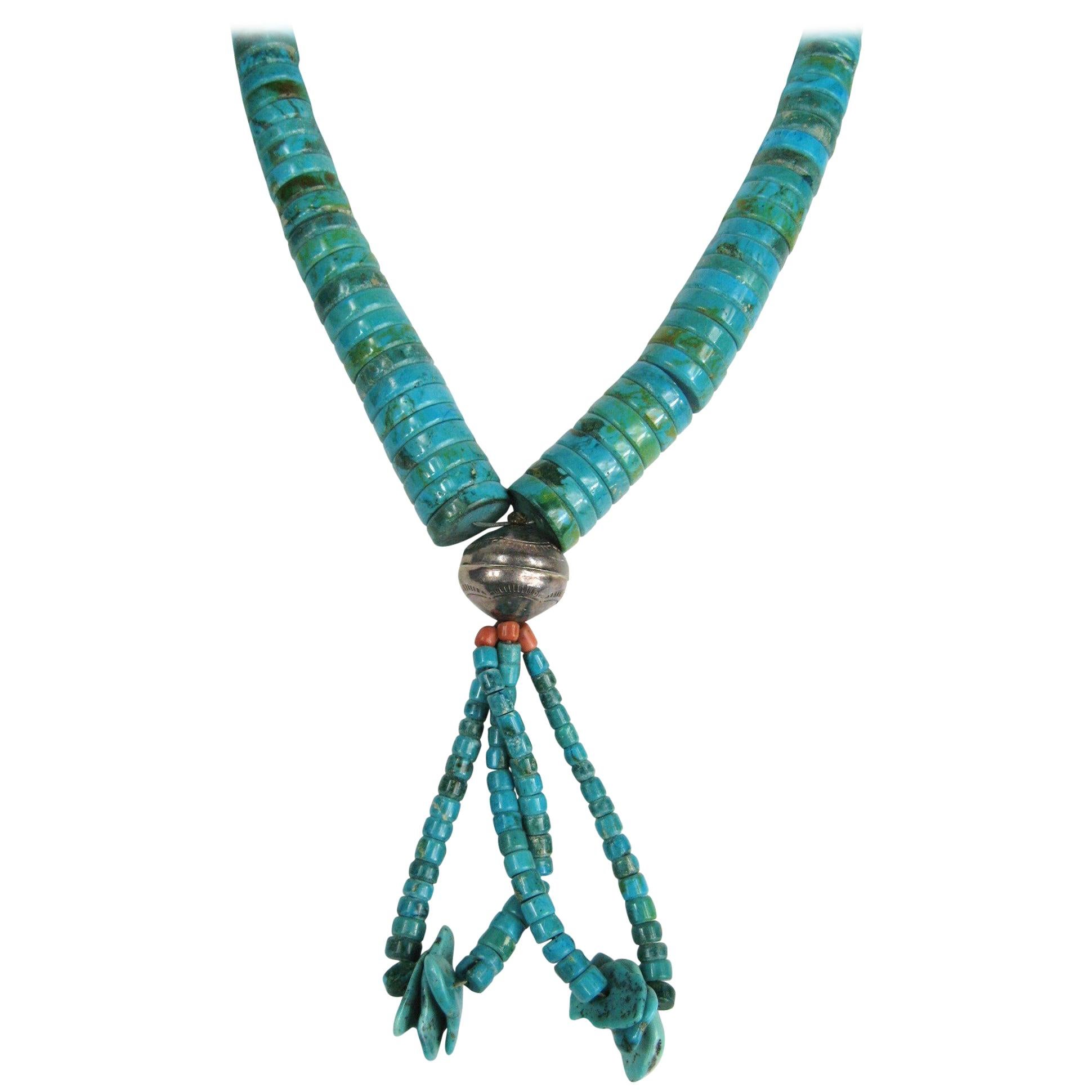 Turquoise Pueblo Heishe Sterling silver Shell Necklace Jacla Santo Domingo For Sale