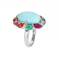 Turquoise Rainbow Sapphire Ring Diamond 18k Gold Sz 7 Estate Cocktail Jewelry