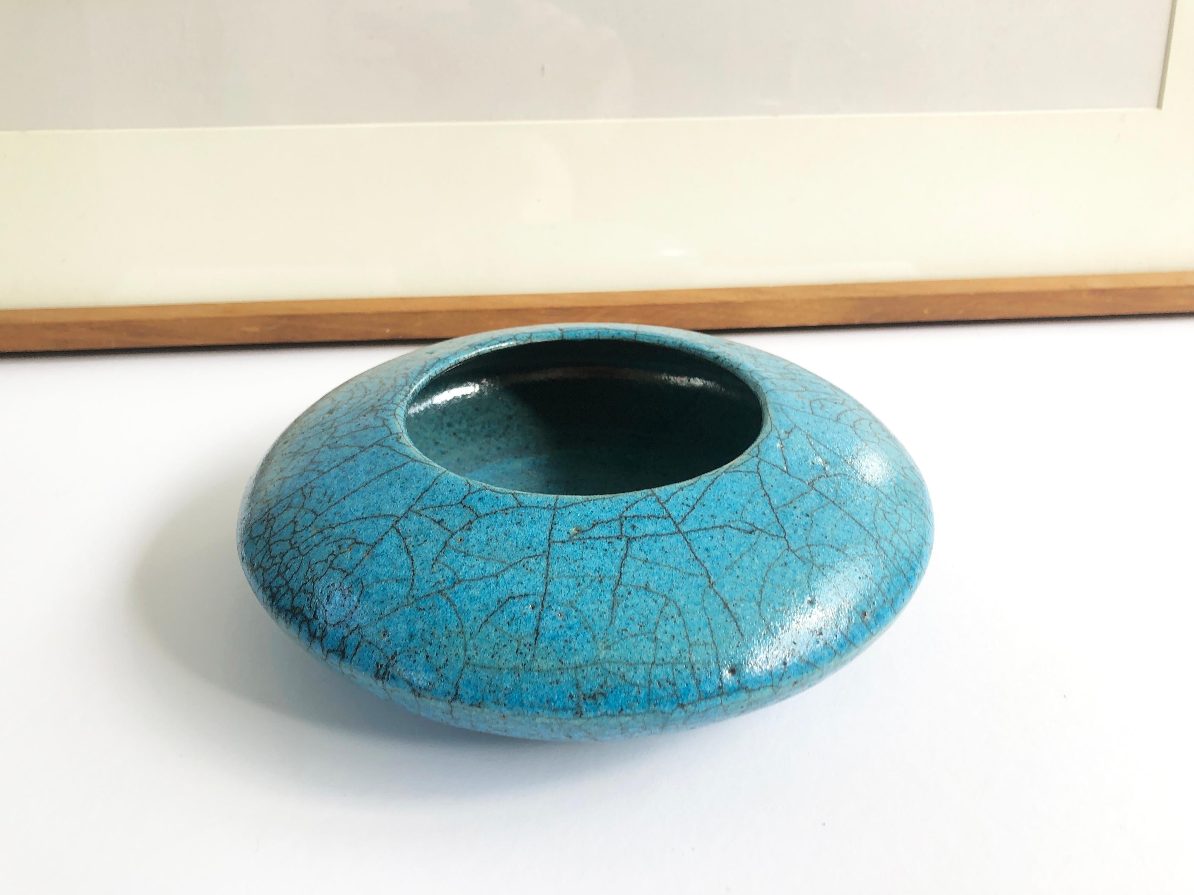 Hand-Crafted Turquoise Raku Ceramic Vase Discus Japanese Style, ca. 1975, possibly Germany For Sale