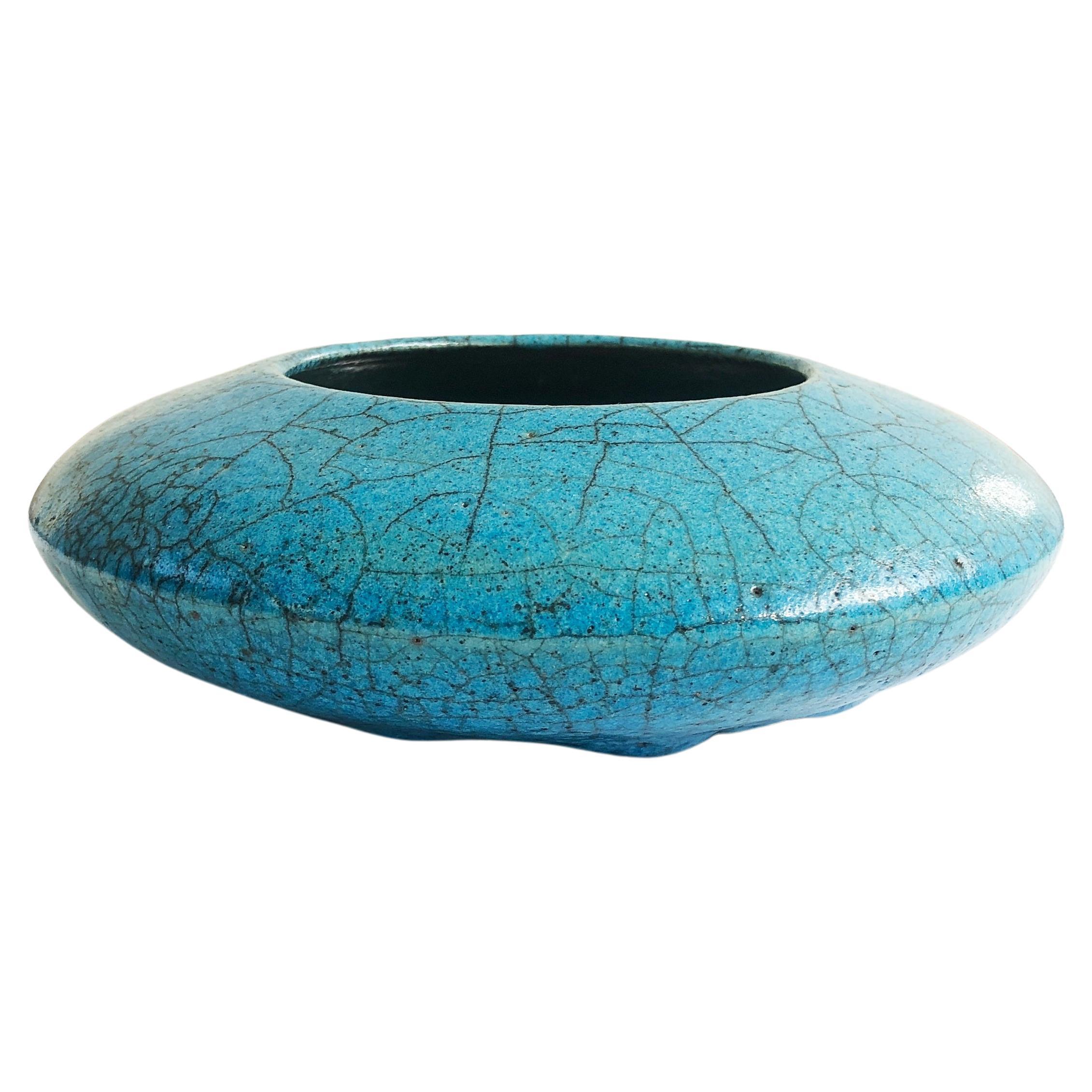 Turquoise Raku Ceramic Vase Discus Japanese Style, ca. 1975, possibly Germany