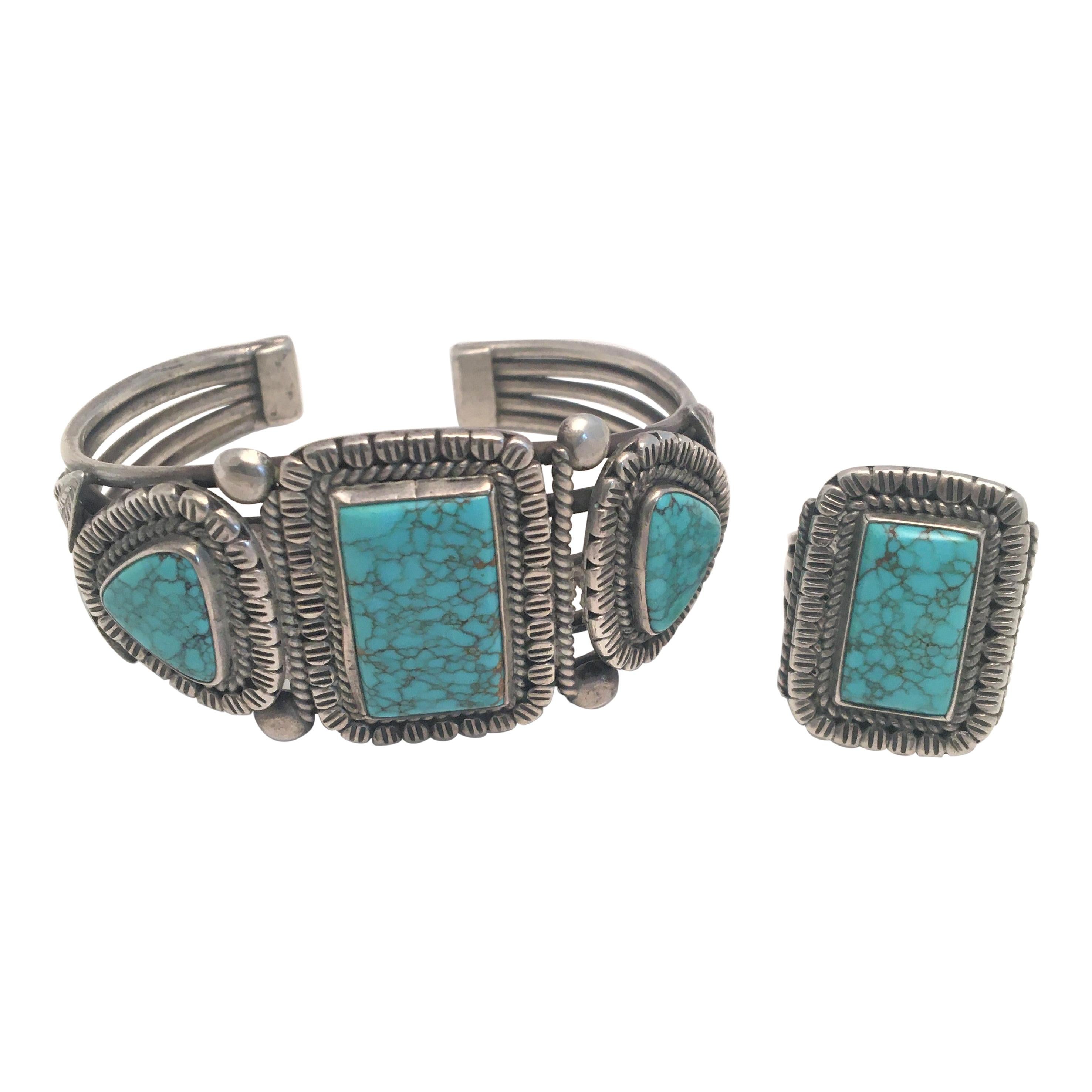 Ensemble bague et bracelet manchette turquoise en vente