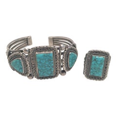 Retro Turquoise Ring and Cuff Bracelet Set