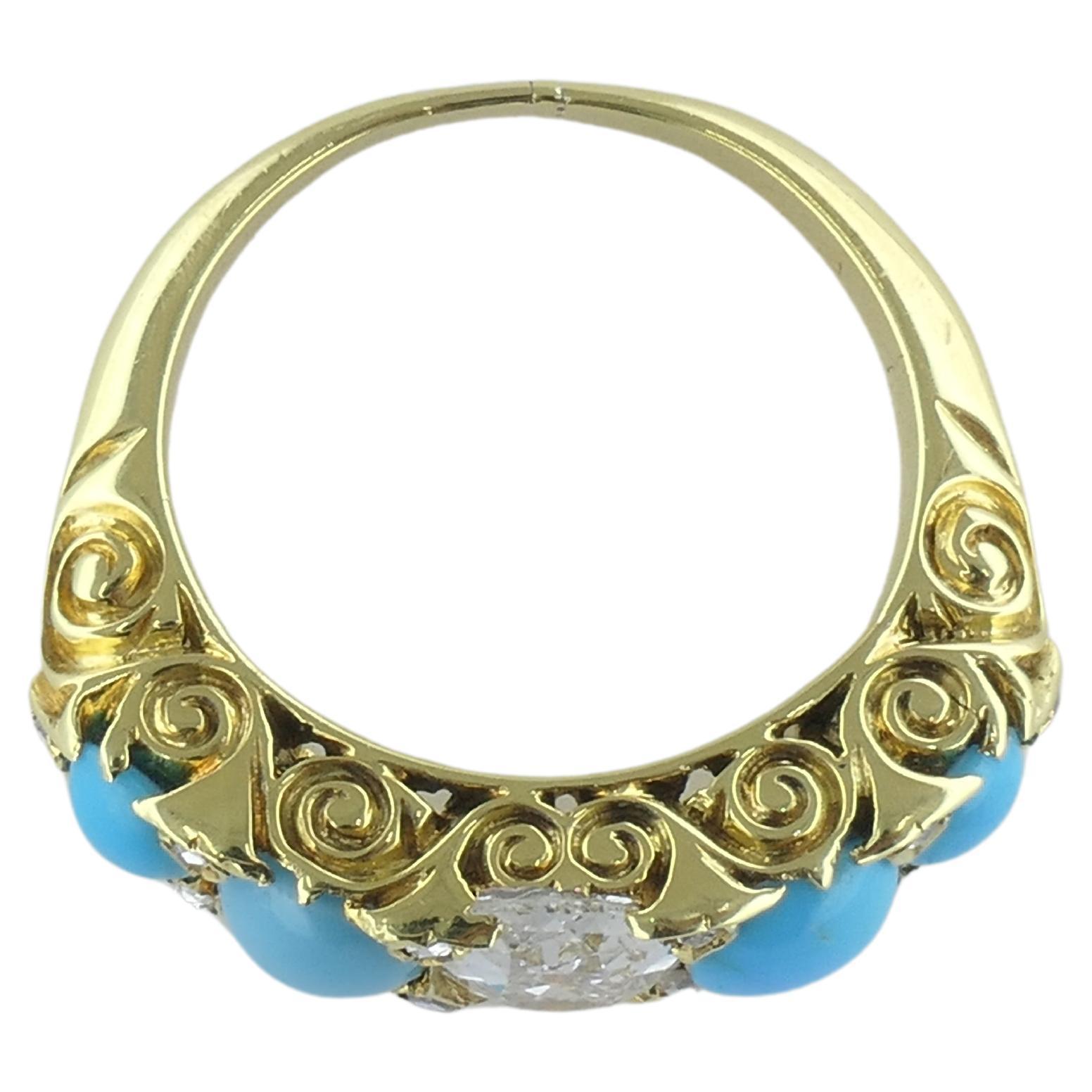 Taglio ovale Anello di turchese Anello di diamanti antichi in oro 18k in vendita