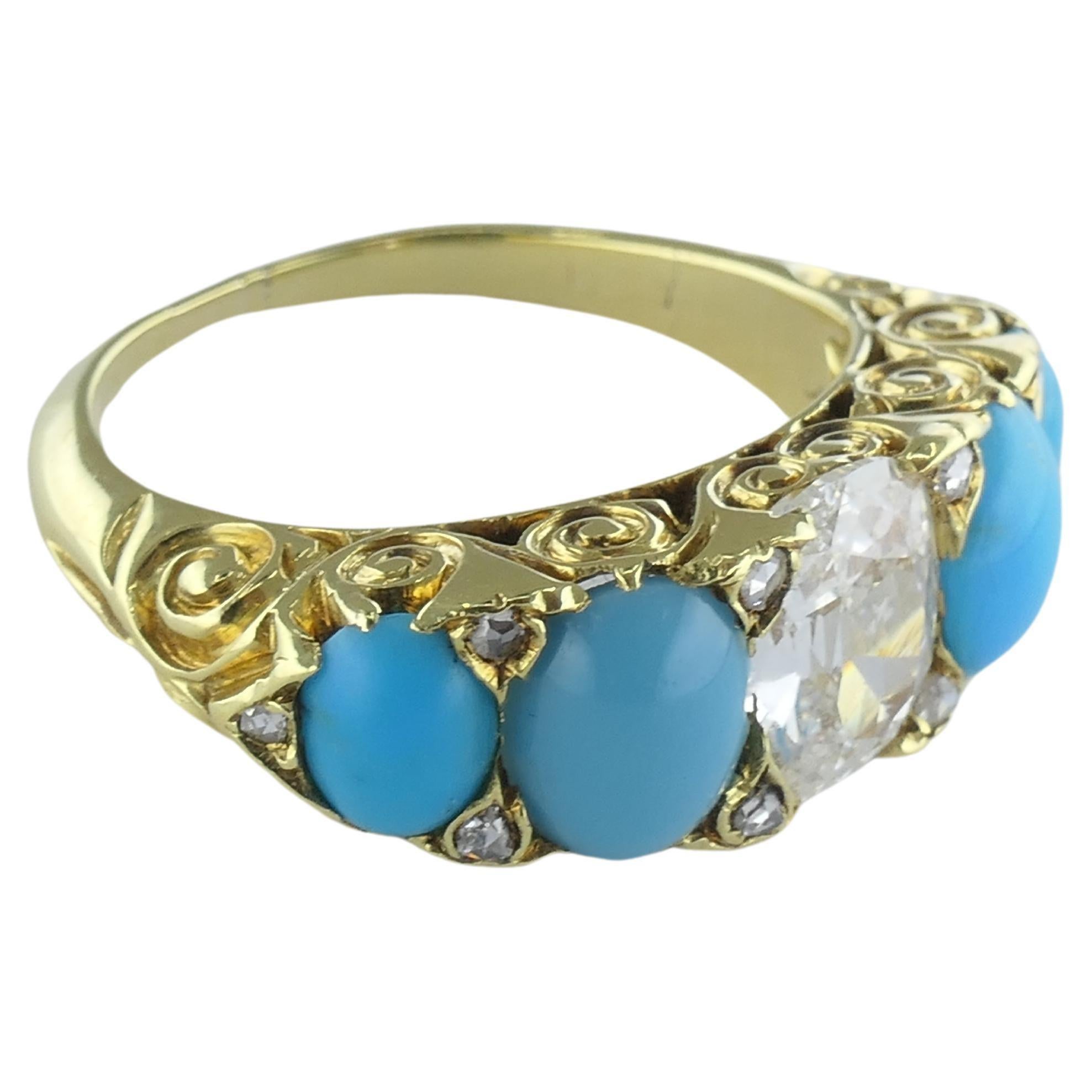 Anello di turchese Anello di diamanti antichi in oro 18k In condizioni ottime in vendita a Beverly Hills, CA