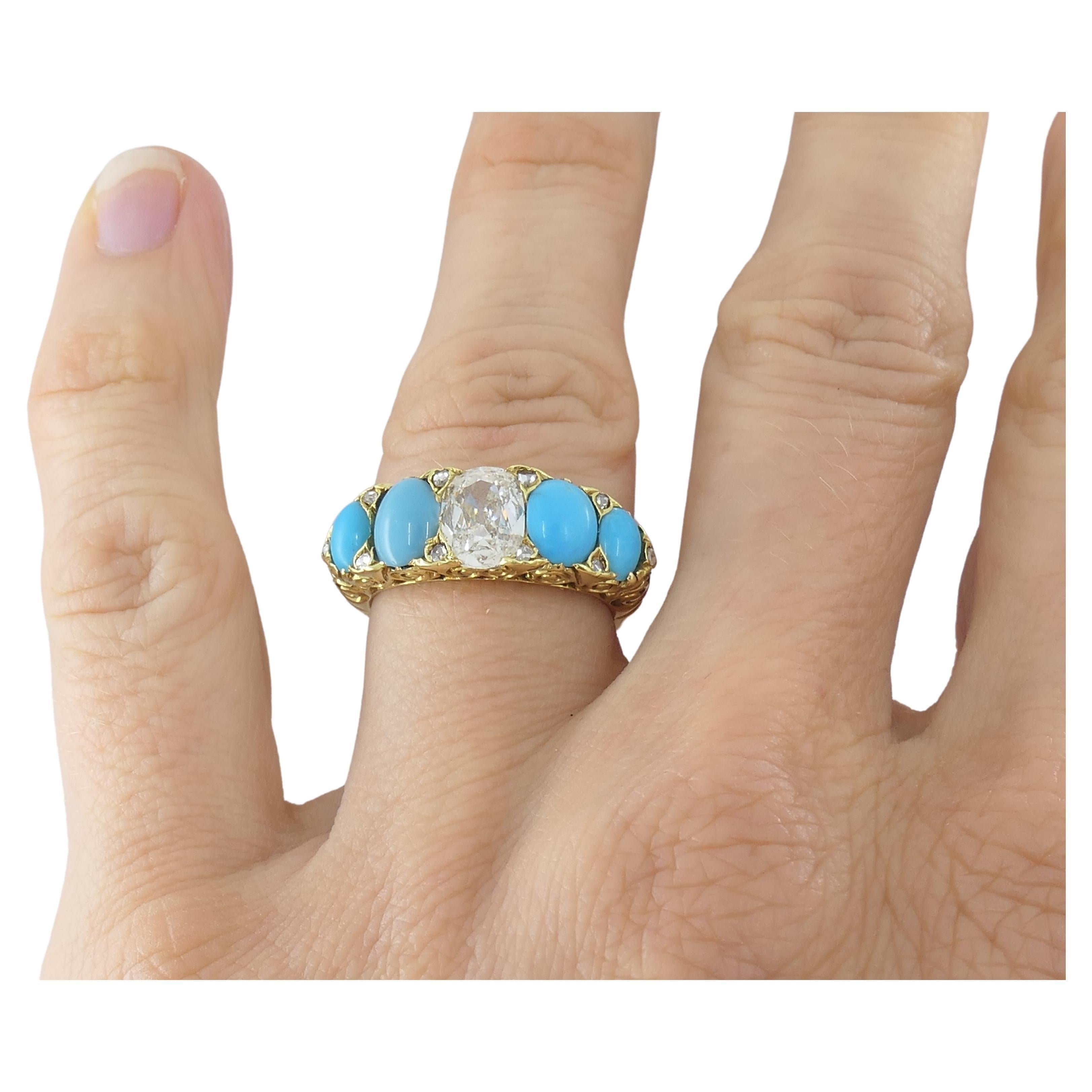 Anello di turchese Anello di diamanti antichi in oro 18k in vendita 2