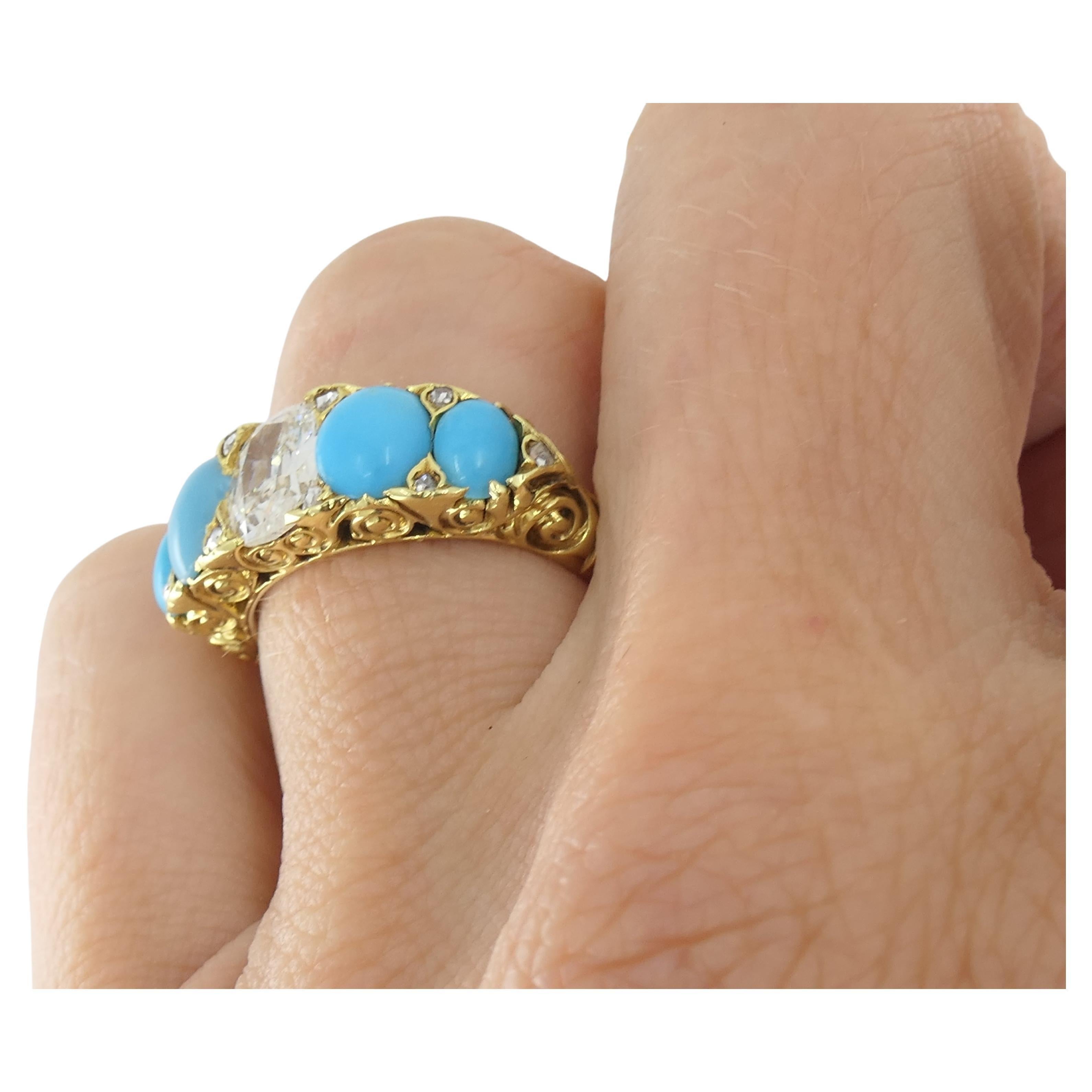 Anello di turchese Anello di diamanti antichi in oro 18k in vendita 3