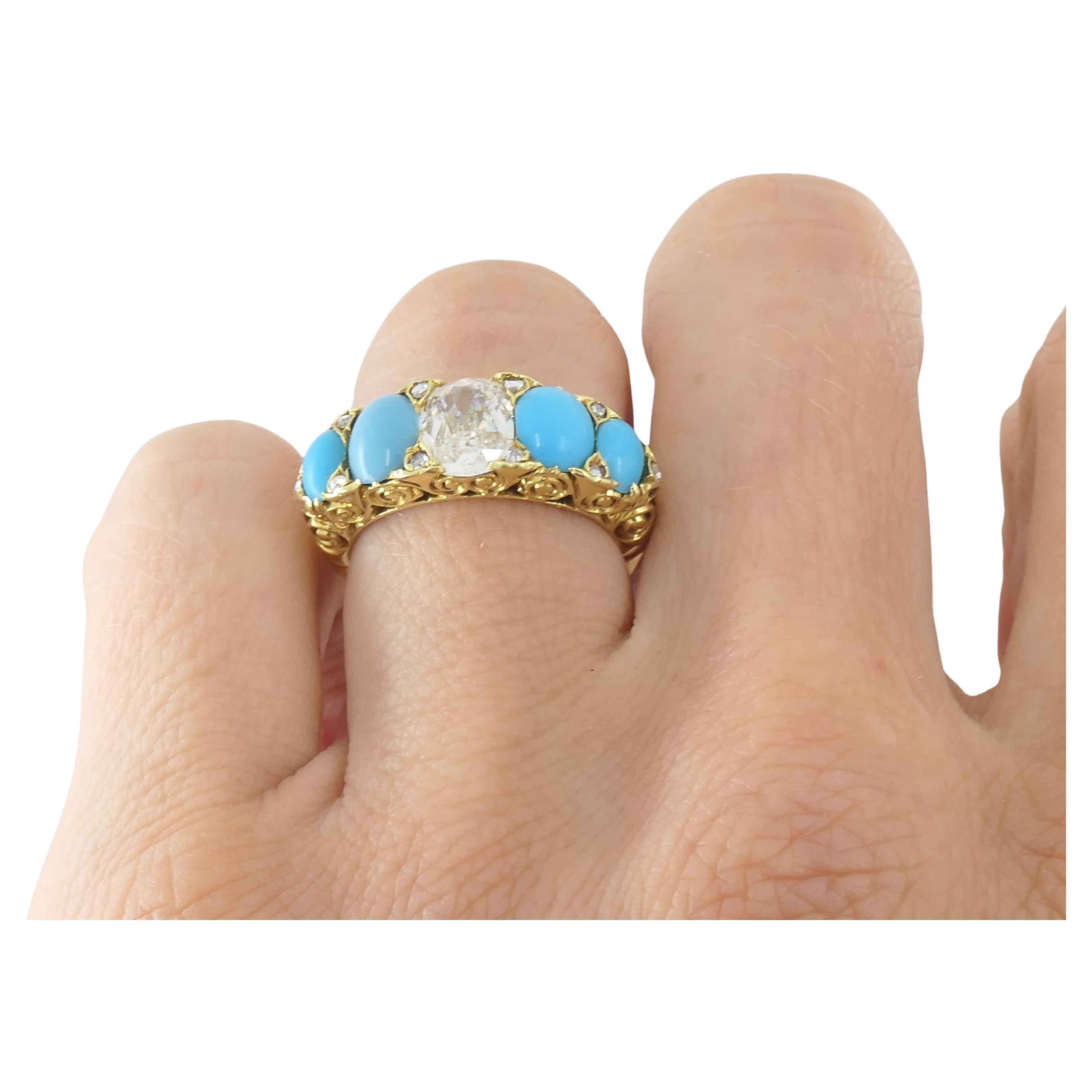 Anello di turchese Anello di diamanti antichi in oro 18k in vendita 4