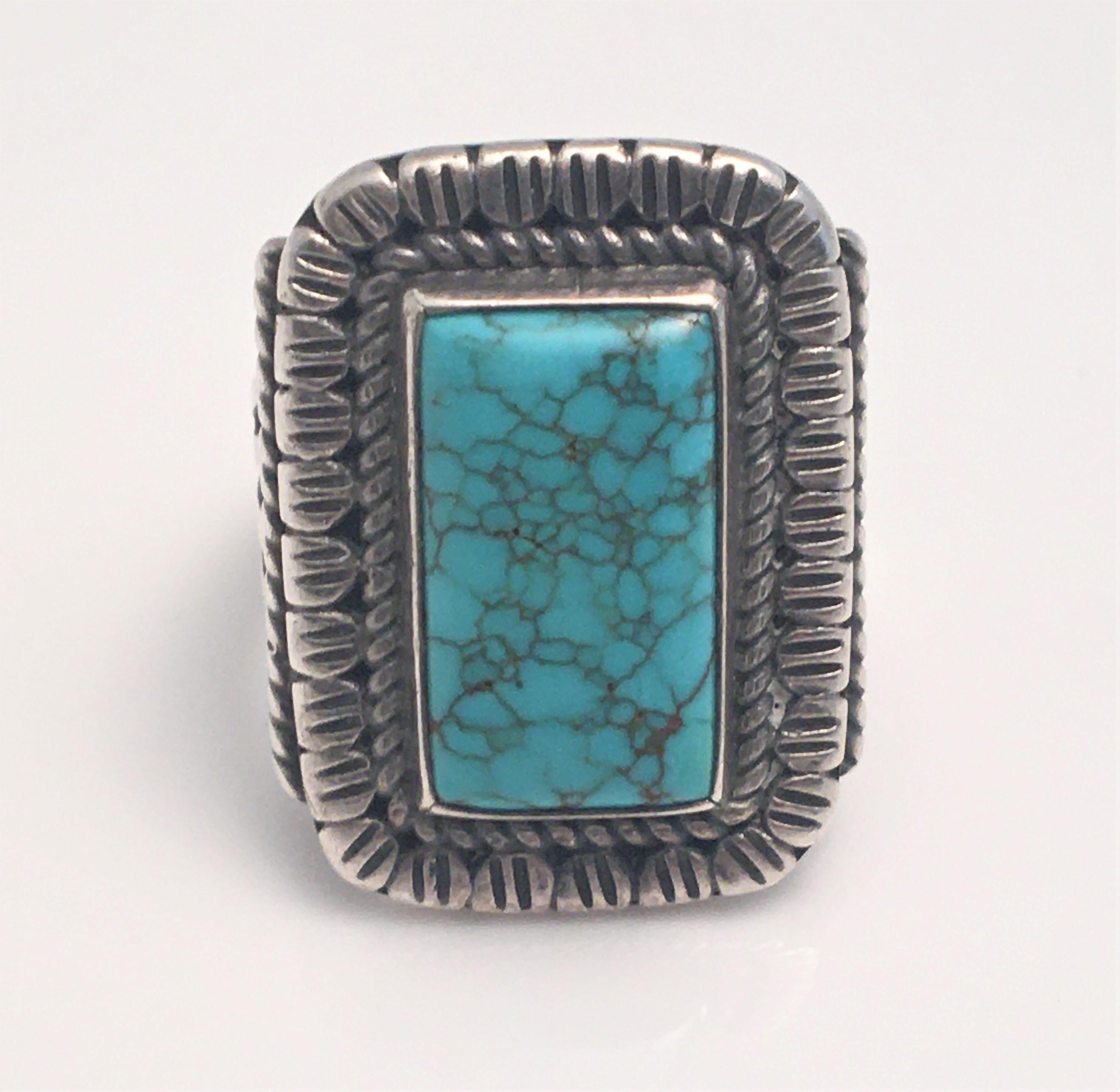This unique and beautiful sterling silver and turquoise set will be sure to get a lot of compliments.
Navajo inspired turquoise ring and bracelet with beautiful design.
RING:
Detailed sterling silver surrounds a rectangular turquoise stone