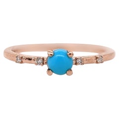 Turquoise Ring w Earth Mined Diamonds in Solid 14K Rose Gold Round 4mm