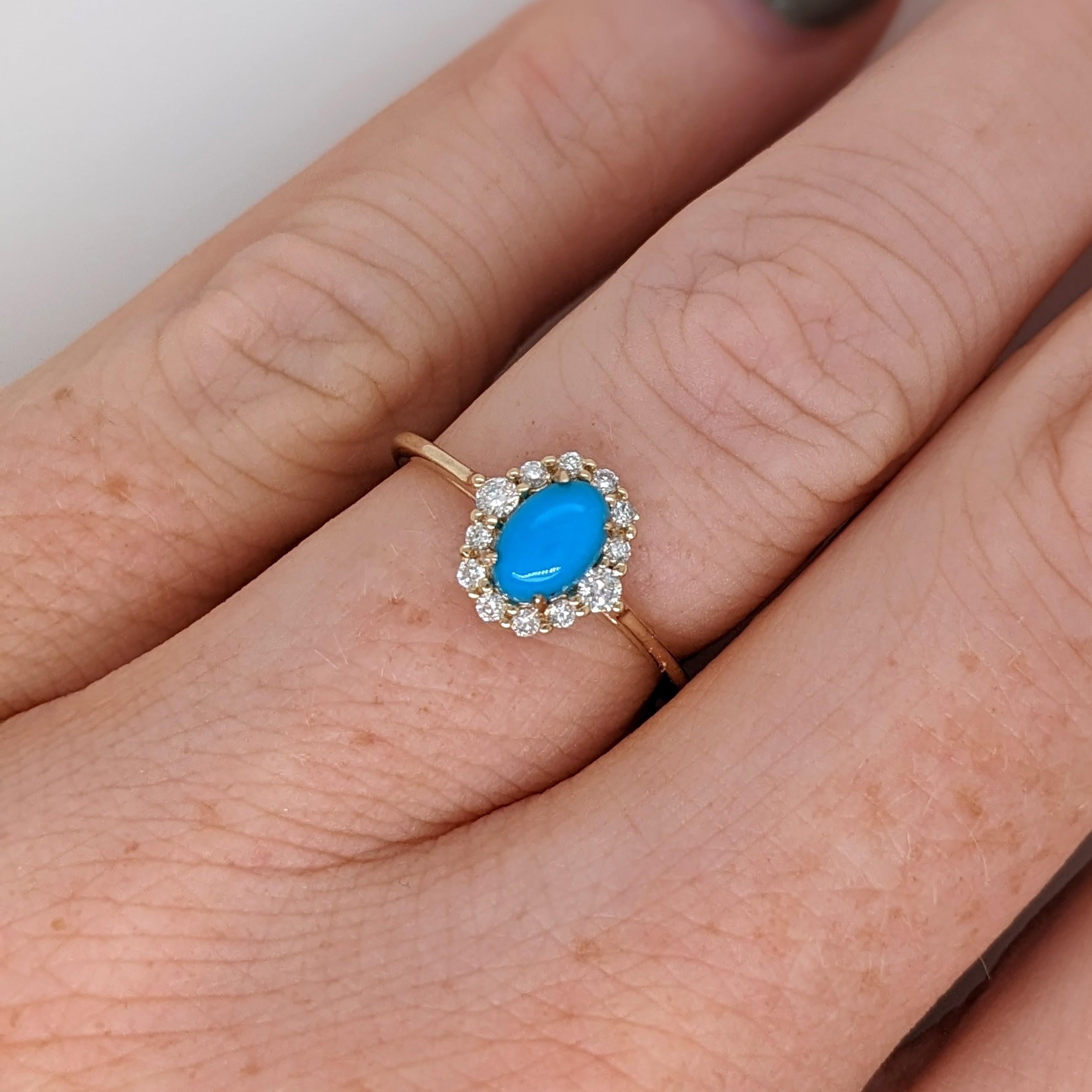 This beautiful ring features a 0.52 carat Turquoise gemstone with a halo of natural earth mined diamonds set in solid 14K gold. This ring makes a lovely December birthstone gift for your loved ones! 

Specifications

Item Type: Ring
Center