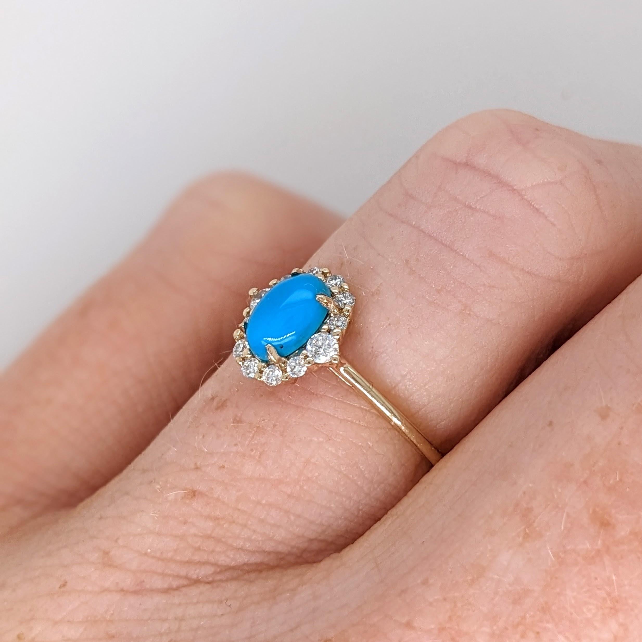 Art Deco Turquoise Ring w Earth Mined Diamonds in Solid 14K Yellow Gold Oval 6x4mm