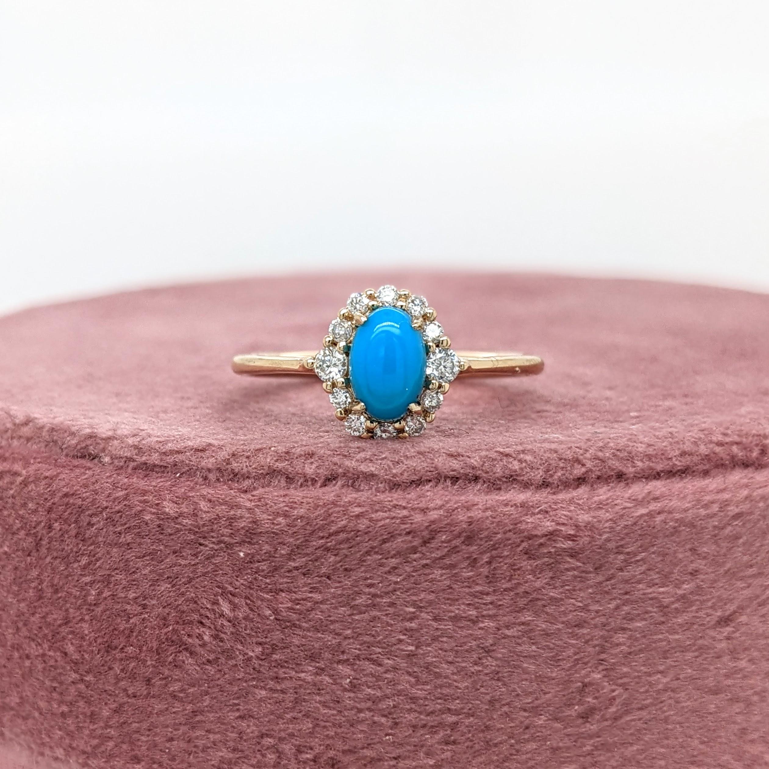 Oval Cut Turquoise Ring w Earth Mined Diamonds in Solid 14K Yellow Gold Oval 6x4mm