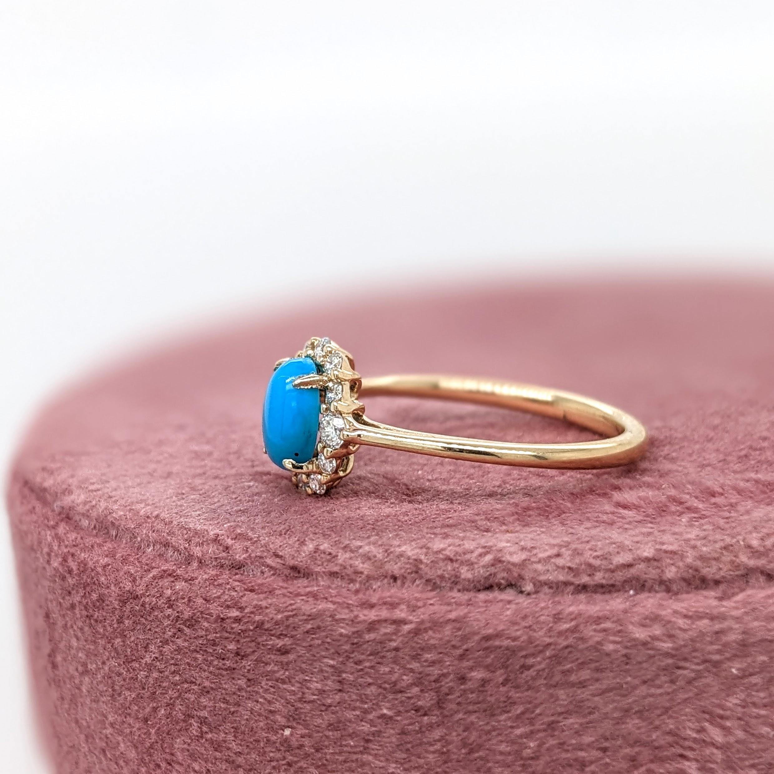 Turquoise Ring w Earth Mined Diamonds in Solid 14K Yellow Gold Oval 6x4mm In New Condition In Columbus, OH