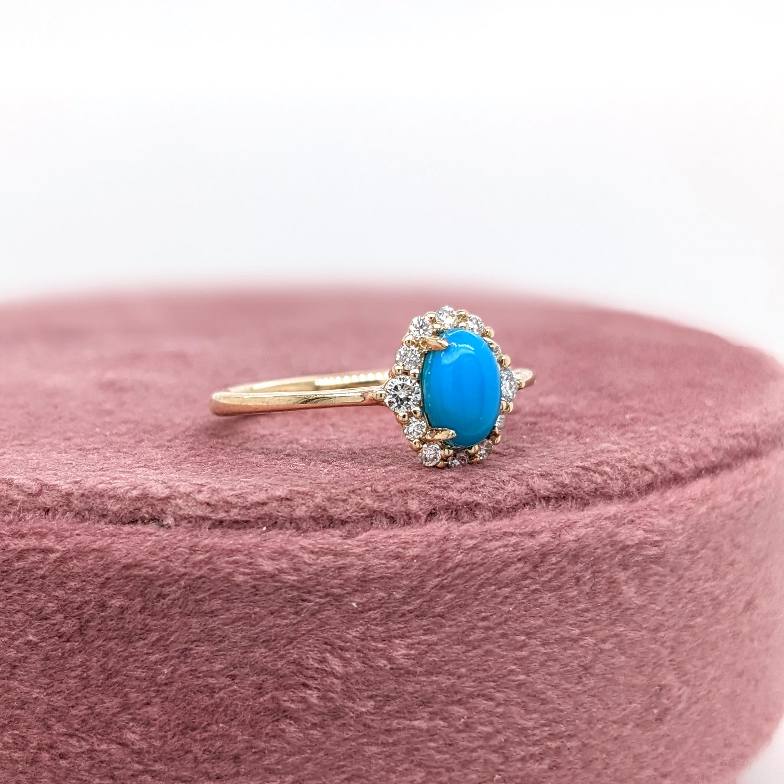 Turquoise Ring w Earth Mined Diamonds in Solid 14K Yellow Gold Oval 6x4mm 1