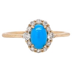 Turquoise Ring w Earth Mined Diamonds in Solid 14K Yellow Gold Oval 6x4mm