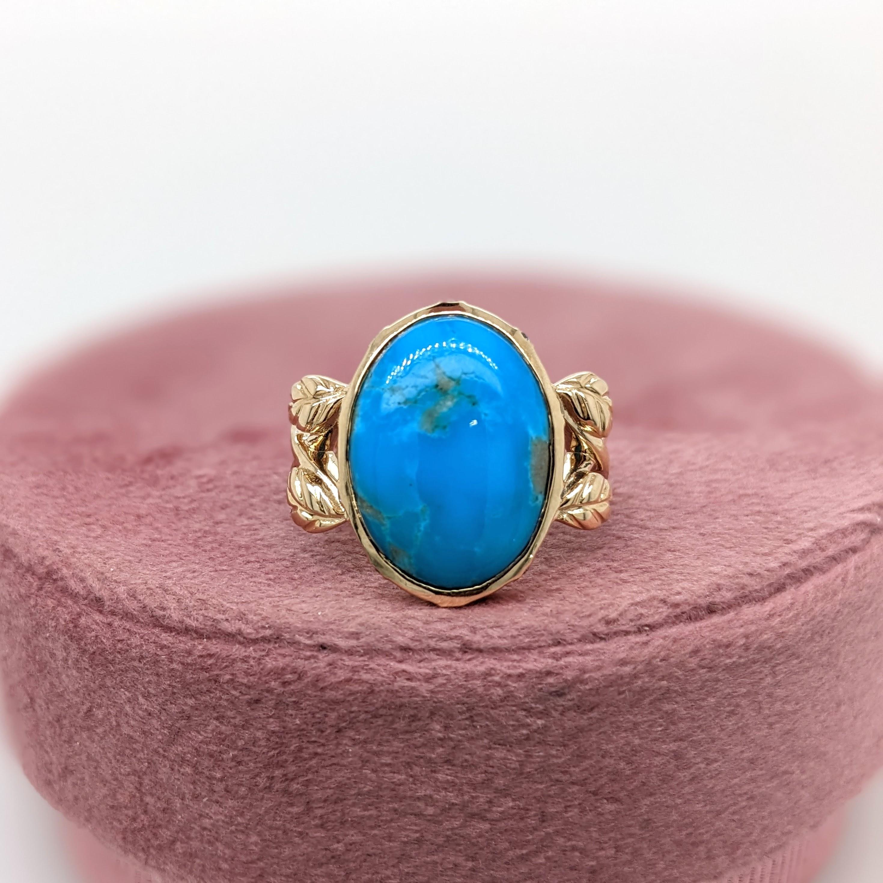 This 14k solid Gold ring features a beautiful 16x12mm Turquoise center stone with a Milgrain detail split shank. This unique piece is perfect for daily wear.

Specifications: 

Item Type: Ring
Centre Stone: Turquoise
Treatment: None
Weight: 5.34