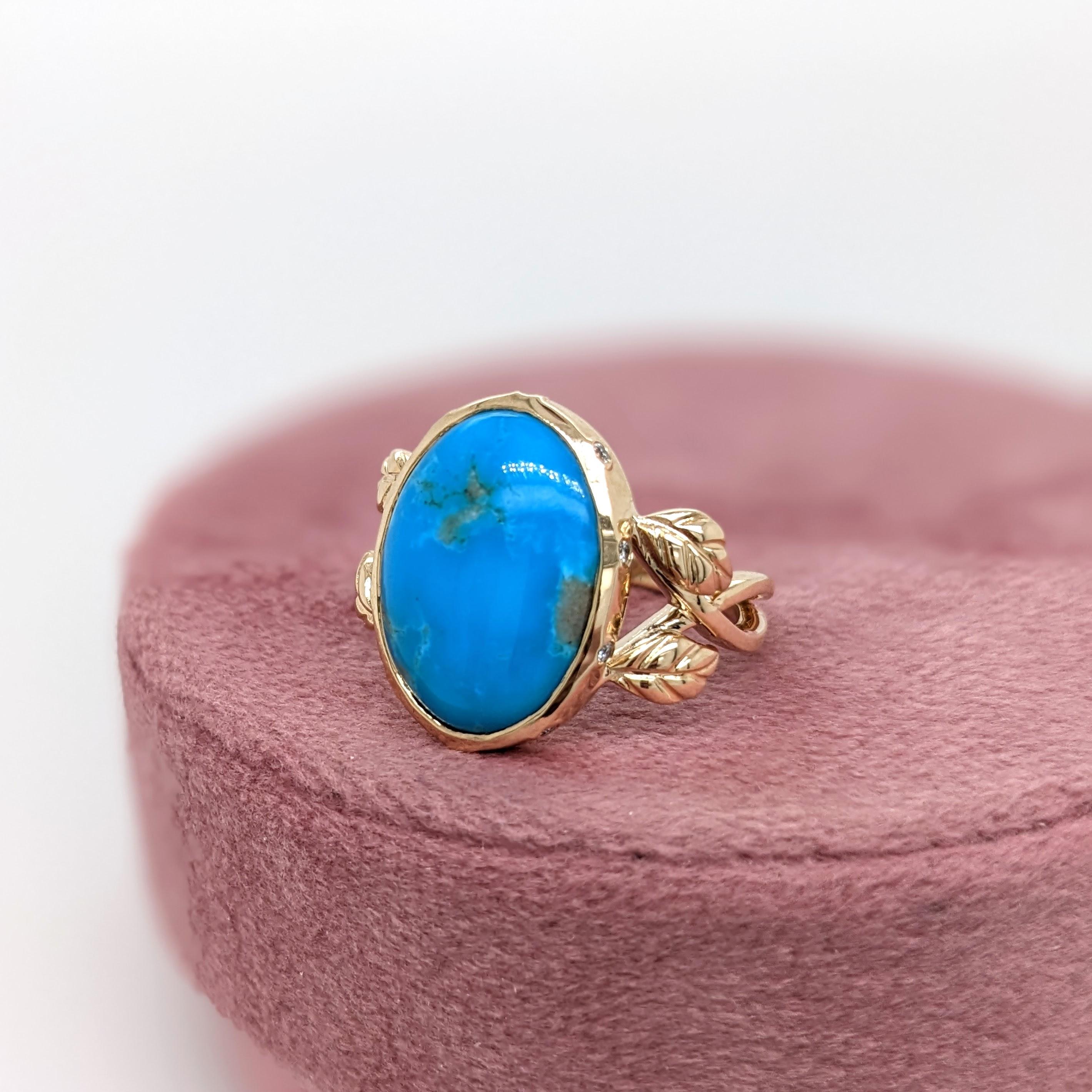 Art Deco Turquoise Ring w Natural Diamond Accents in 14K Yellow Gold Oval 16x12mm For Sale