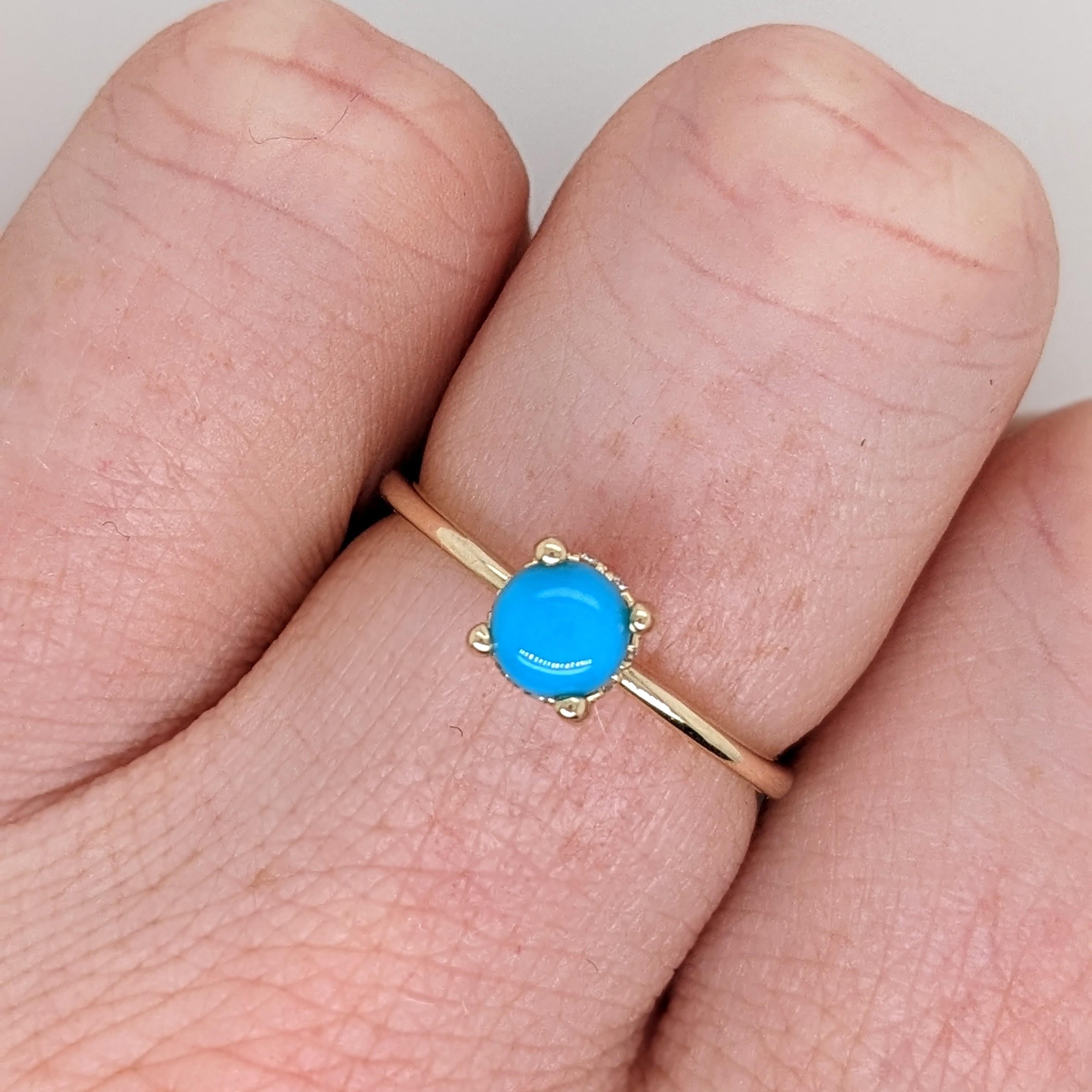 This ring features a 5mm turquoise with natural earth-mined diamonds. A simple dainty ring perfect for the minimalist in your life or for giving someone their first piece of jewelry :)

Specifications

Item Type: Ring
Centre