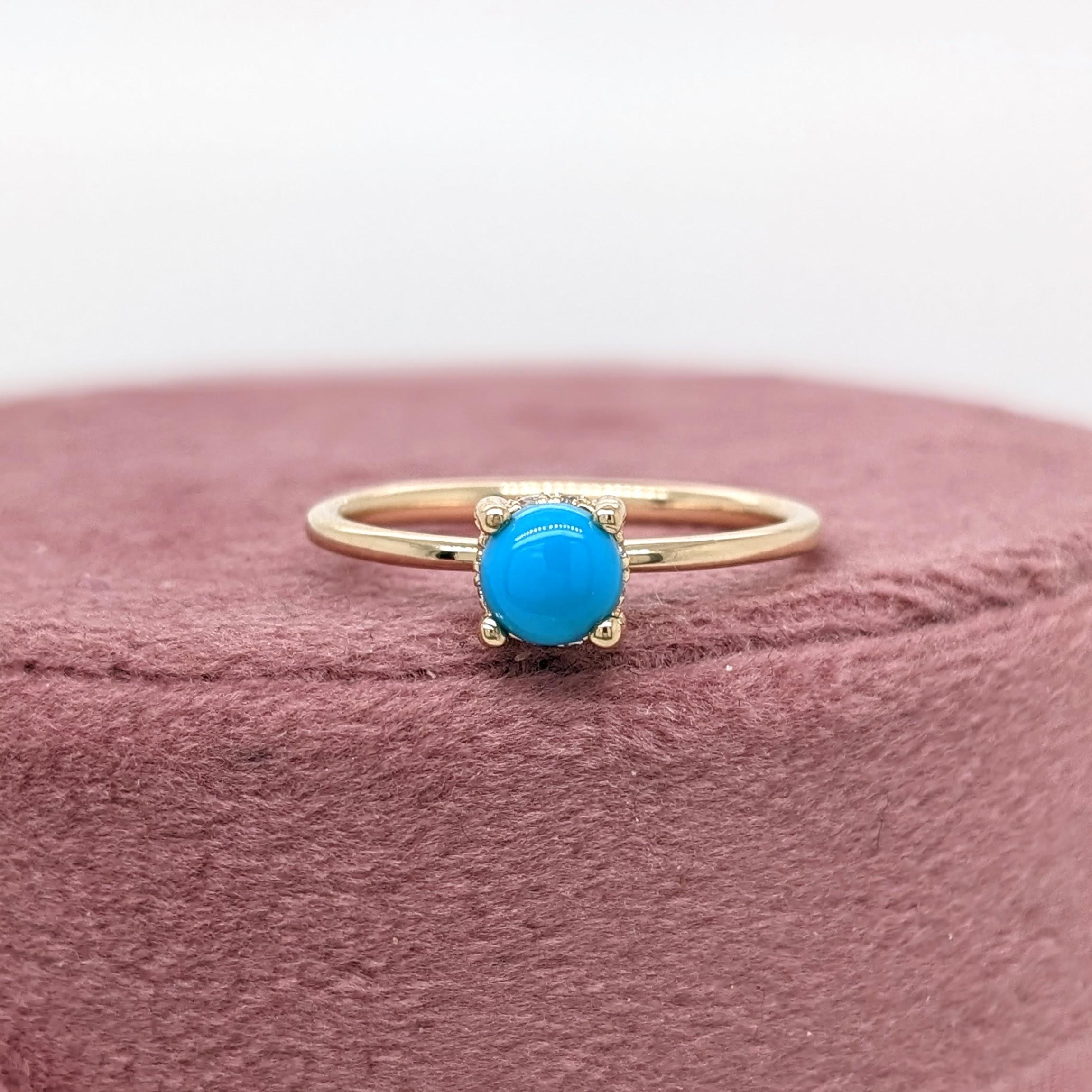 Round Cut Turquoise Ring w Earth Mined Diamonds in Solid 14K Yellow Gold Round 5mm For Sale
