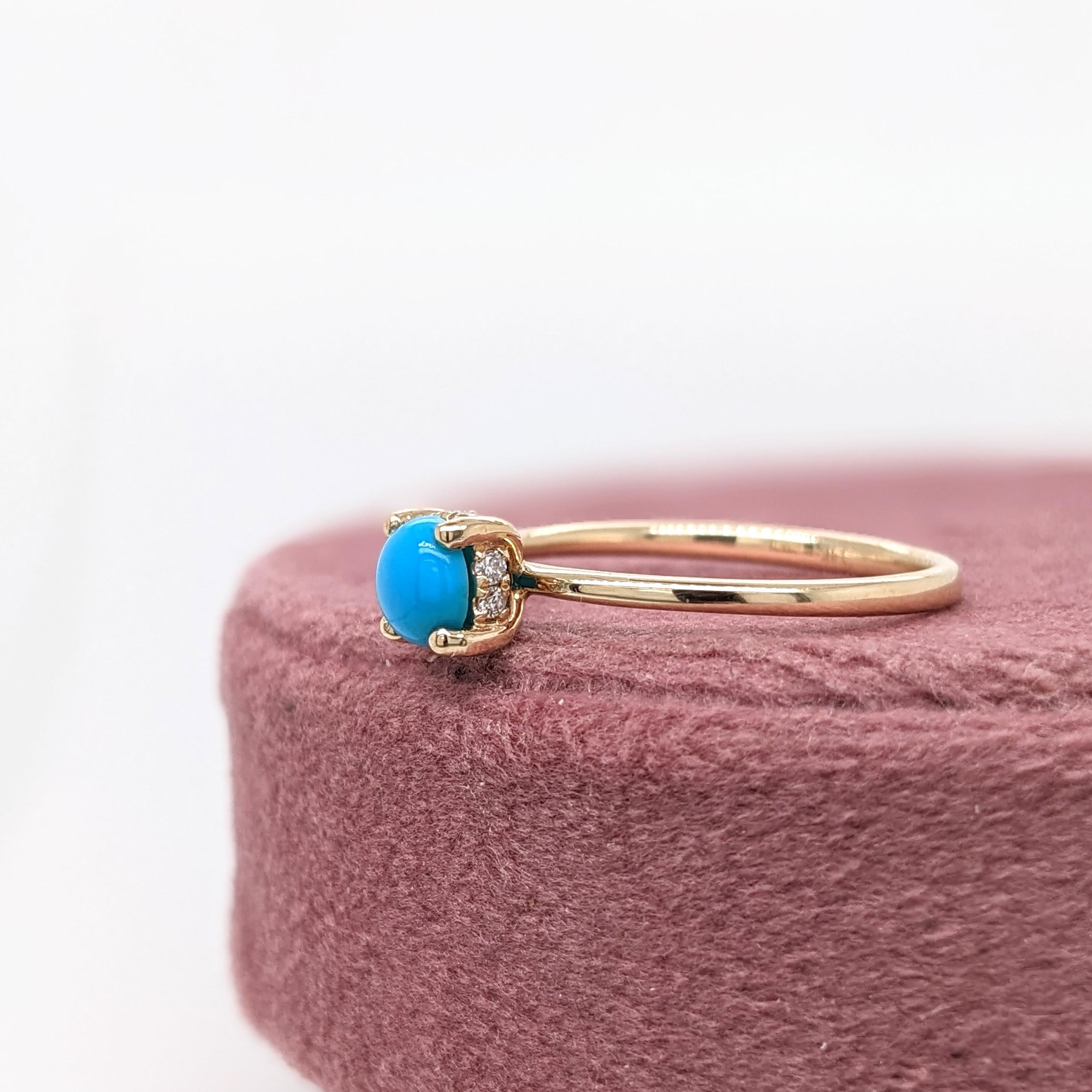 Turquoise Ring w Earth Mined Diamonds in Solid 14K Yellow Gold Round 5mm In New Condition In Columbus, OH