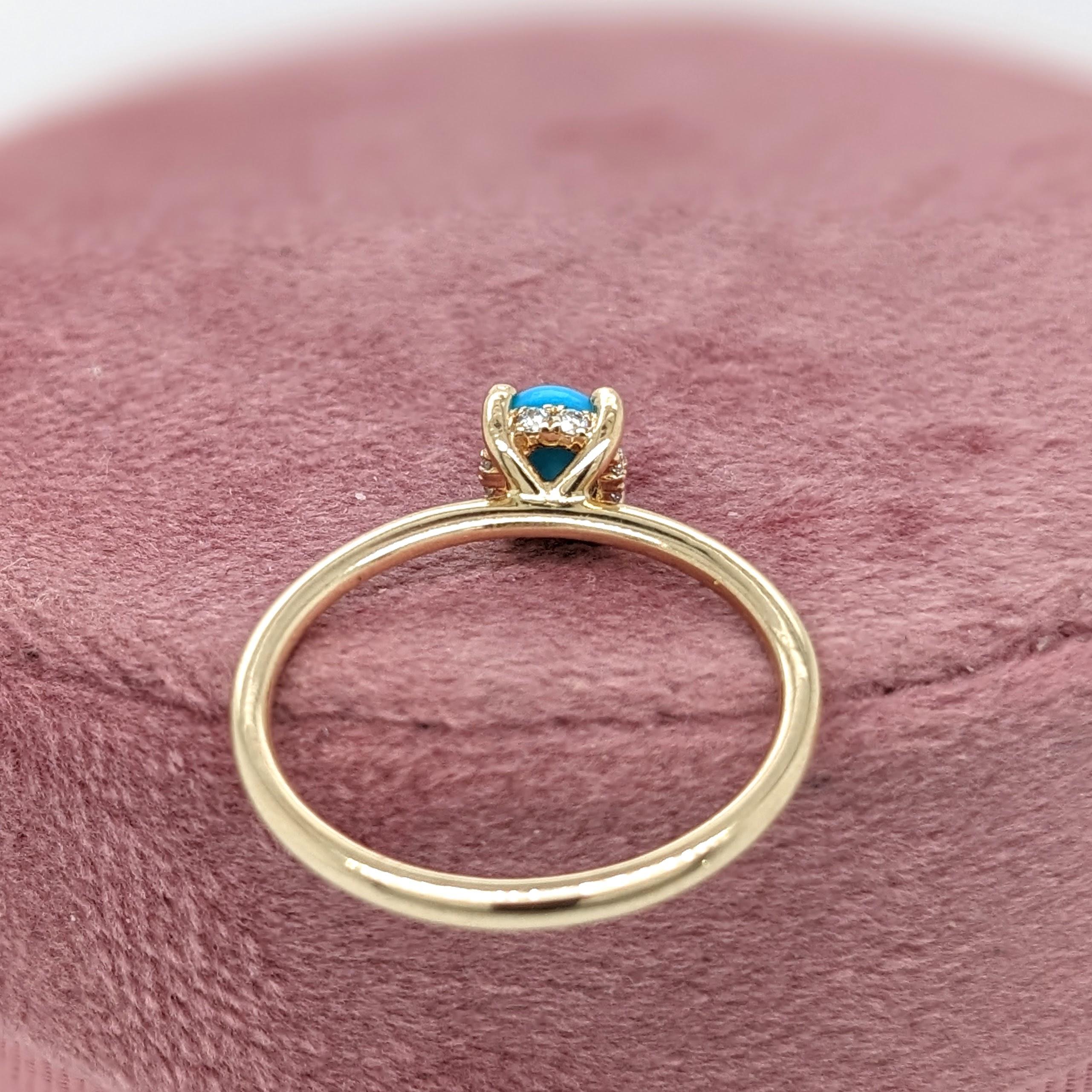 Women's Turquoise Ring w Earth Mined Diamonds in Solid 14K Yellow Gold Round 5mm