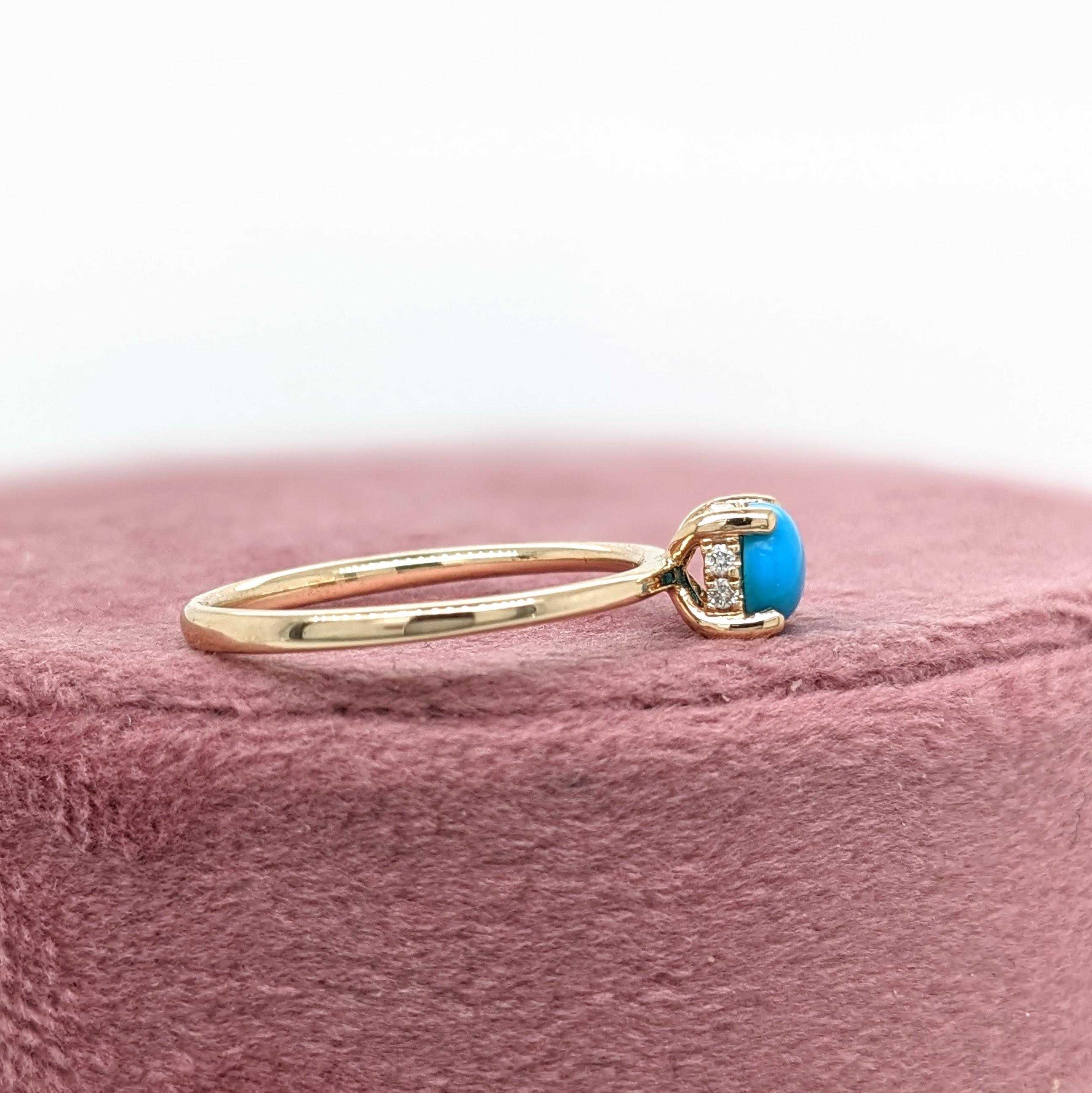 Turquoise Ring w Earth Mined Diamonds in Solid 14K Yellow Gold Round 5mm For Sale 1