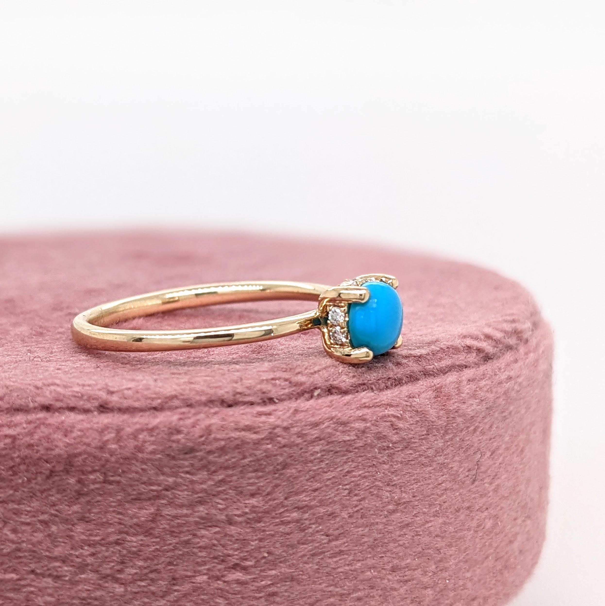 Turquoise Ring w Earth Mined Diamonds in Solid 14K Yellow Gold Round 5mm For Sale 2