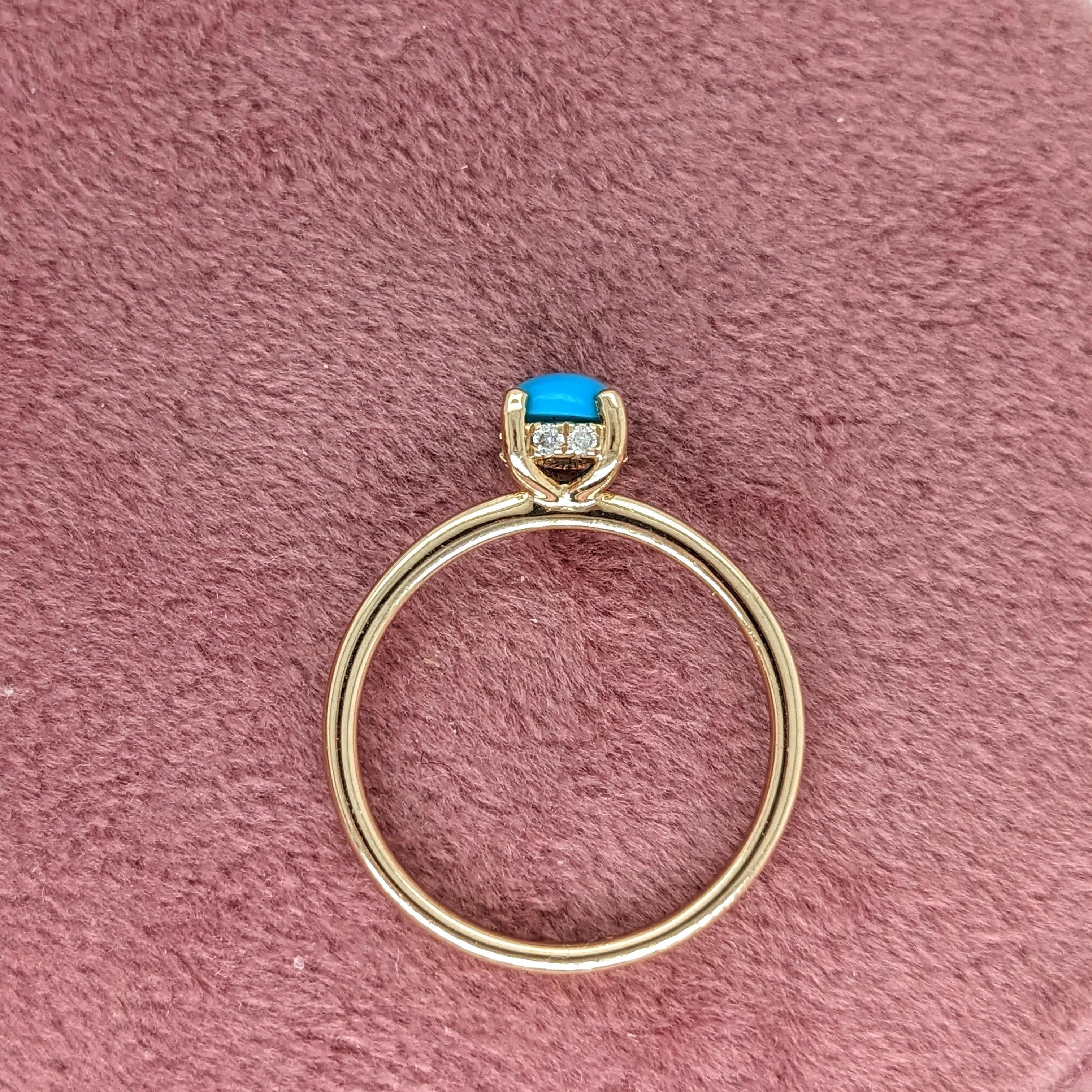 Turquoise Ring w Earth Mined Diamonds in Solid 14K Yellow Gold Round 5mm For Sale 3