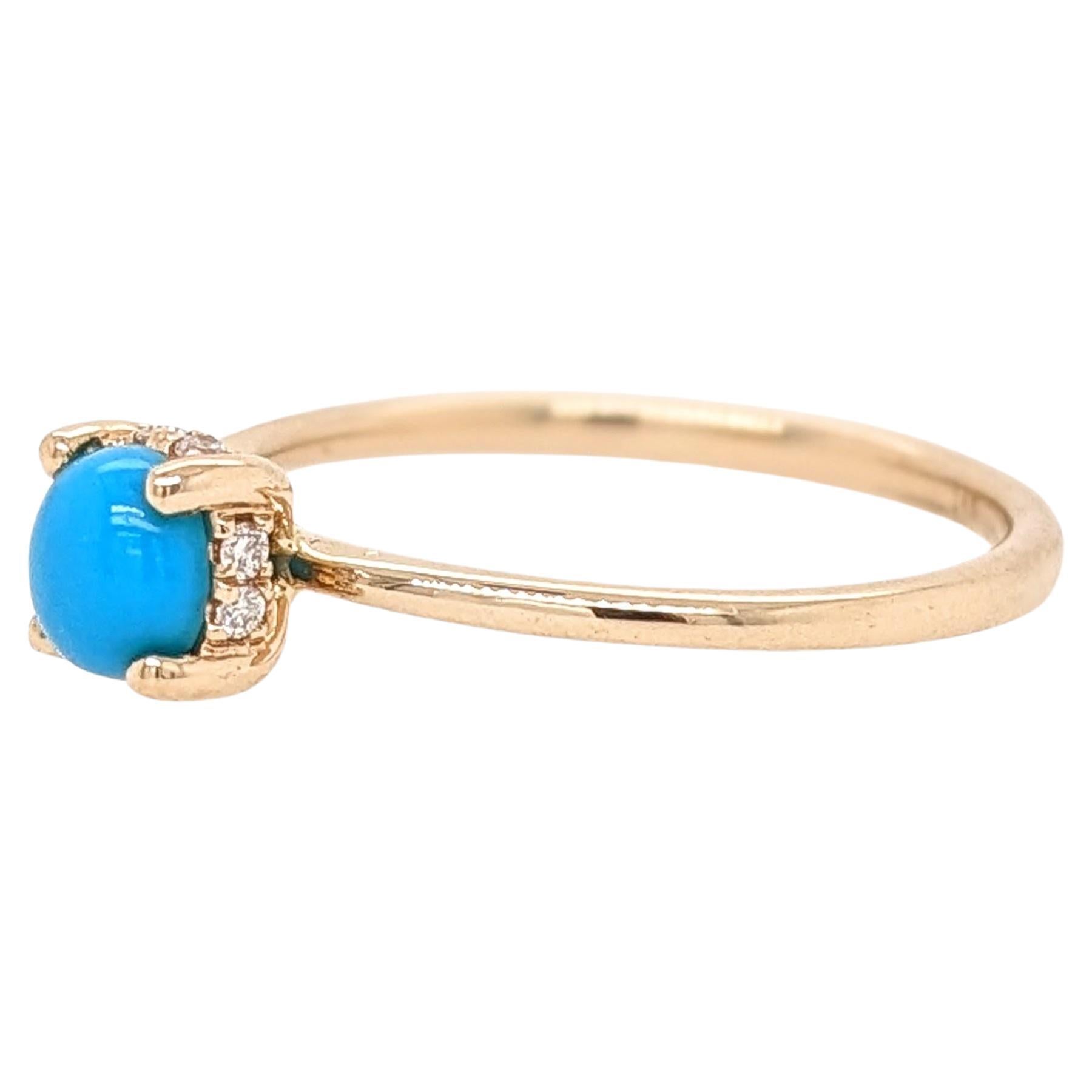 Turquoise Ring w Earth Mined Diamonds in Solid 14K Yellow Gold Round 5mm For Sale