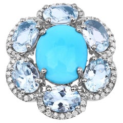 Anillo de turquesa con aguamarina de 6,32 quilates, en plata de ley