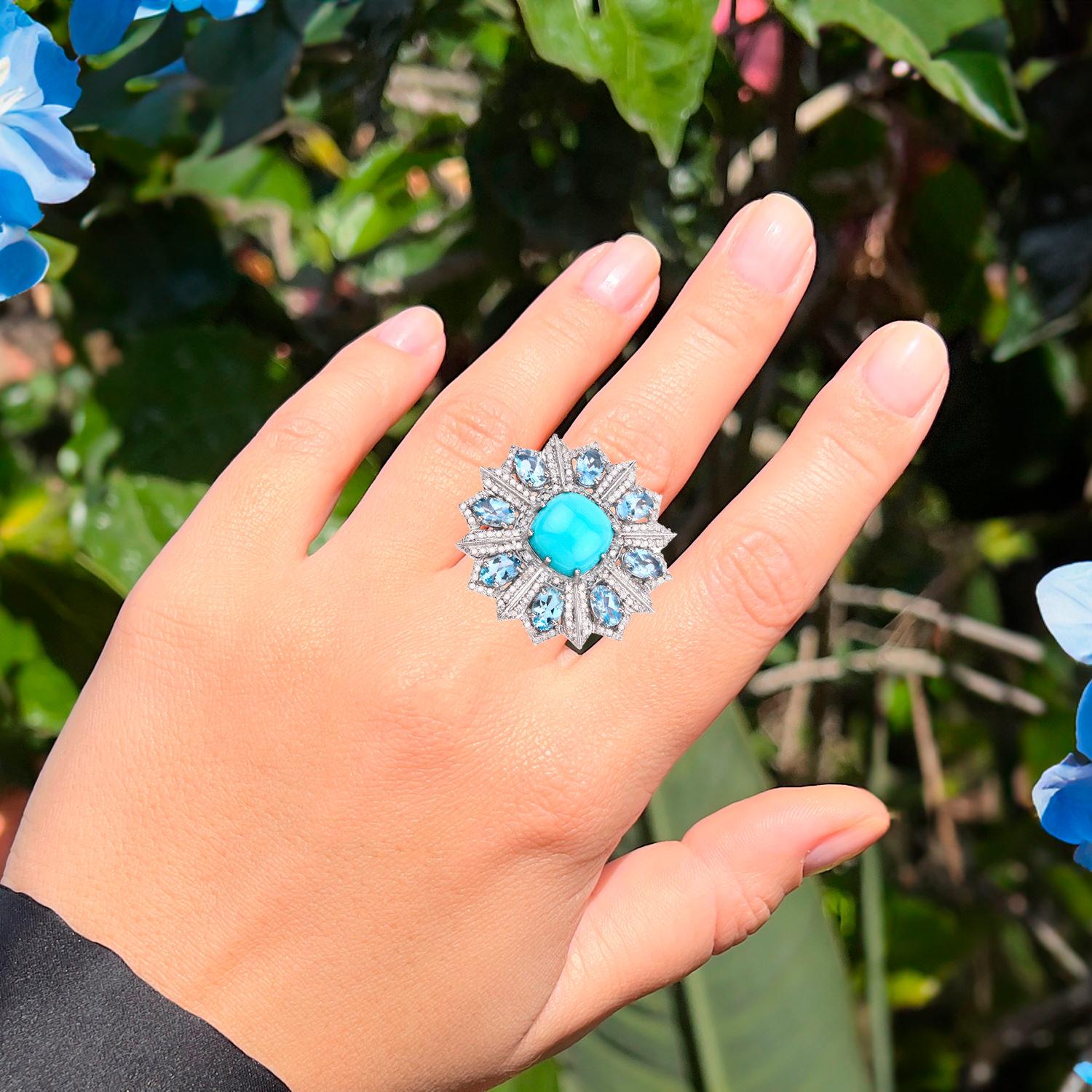 Art Deco Turquoise Ring With Aquamarines and Diamonds 8.97 Carats For Sale
