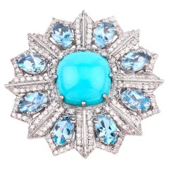 Turquoise Ring With Aquamarines and Diamonds 8.97 Carats