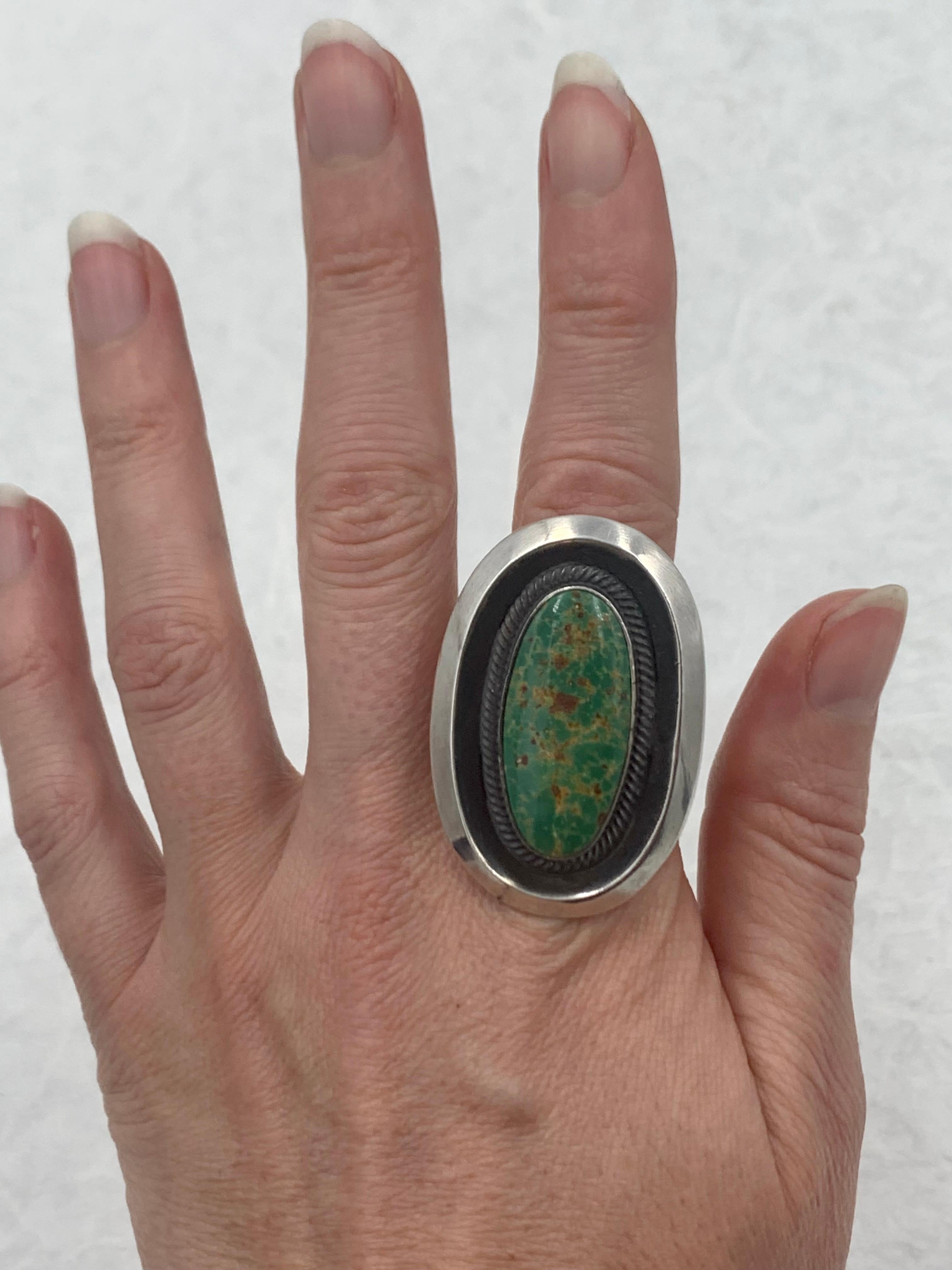 Native American Turquoise ring with contemporary sterling silver setting  For Sale