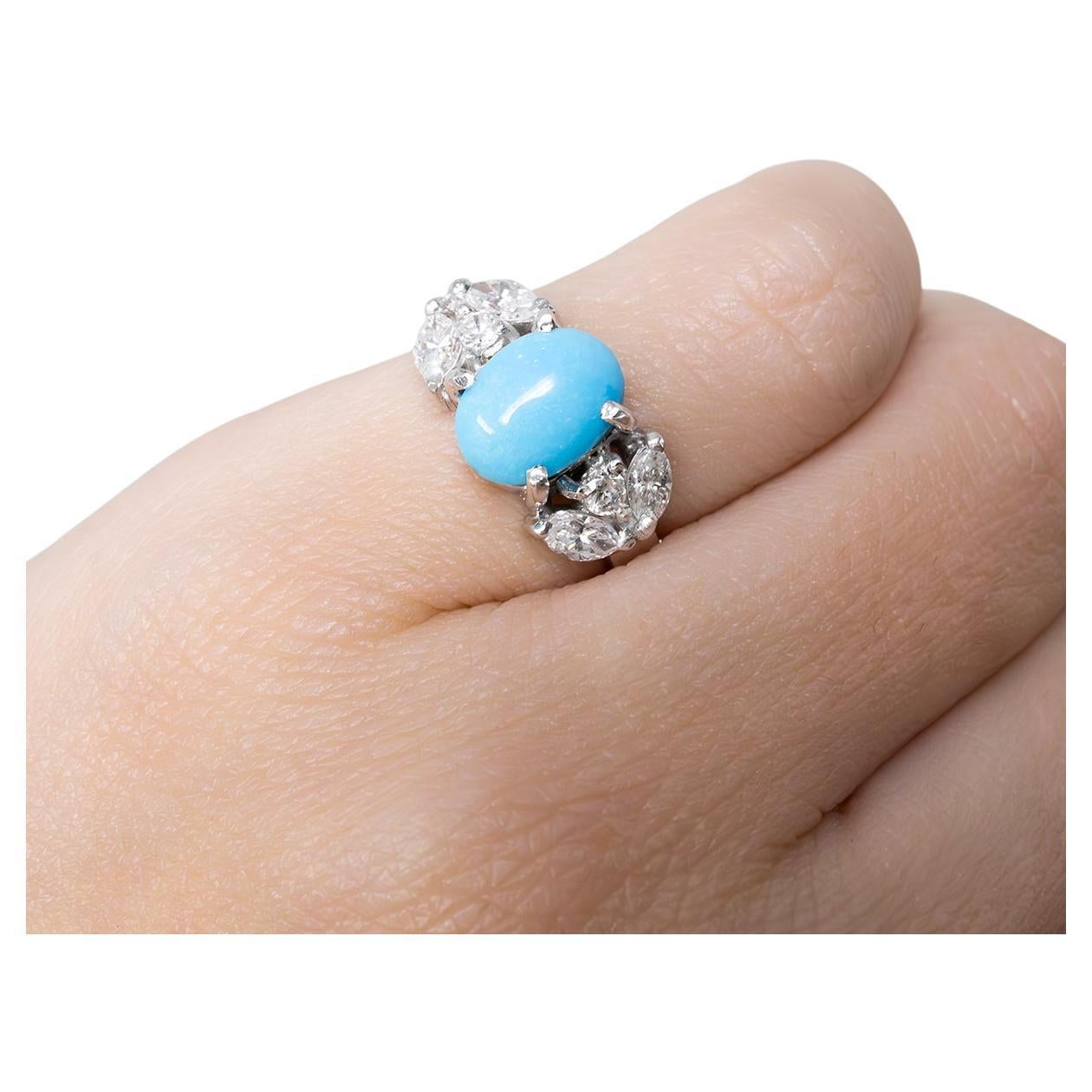 Anello di turchese con pietre laterali di diamante 0,50s in vendita