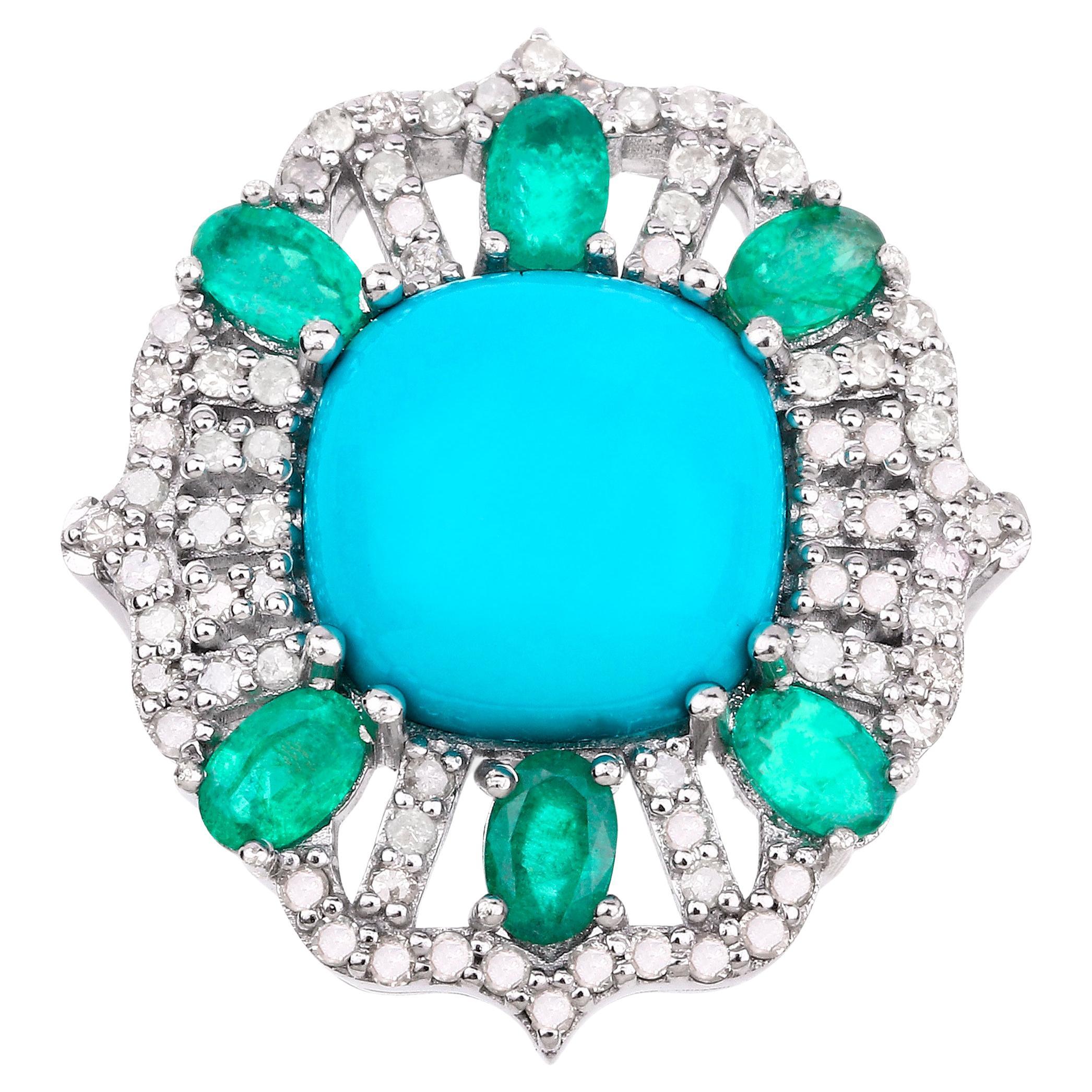  Turquoise Ring With Emeralds and Diamonds 7.70 Carats