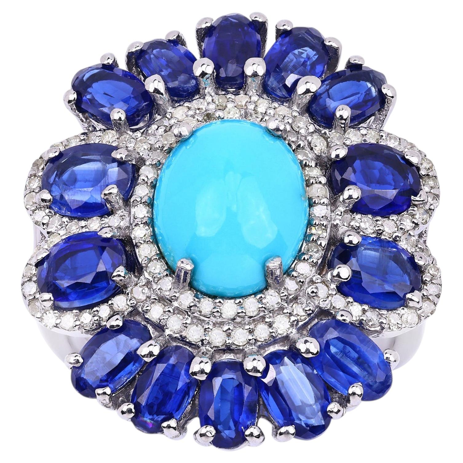 Turquoise Ring With Kyanite 9.58 Carats Sterling Silver