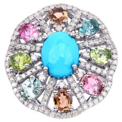 Turquoise Ring With Multicolor Tourmaline 6.1 Carats Sterling Silver